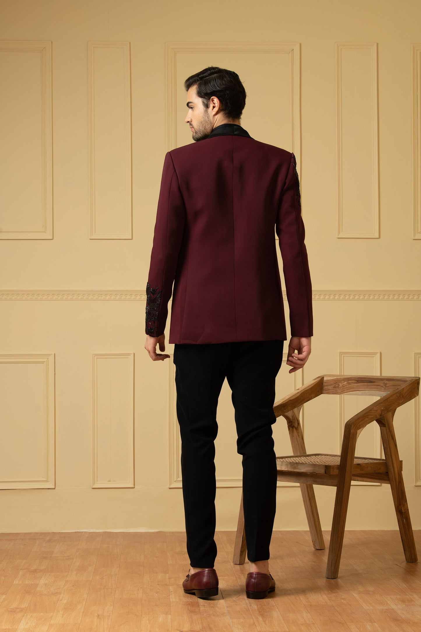 Radiante Maroon Italian Ethnic Satin Thread Embroidery Sangeet Blazer