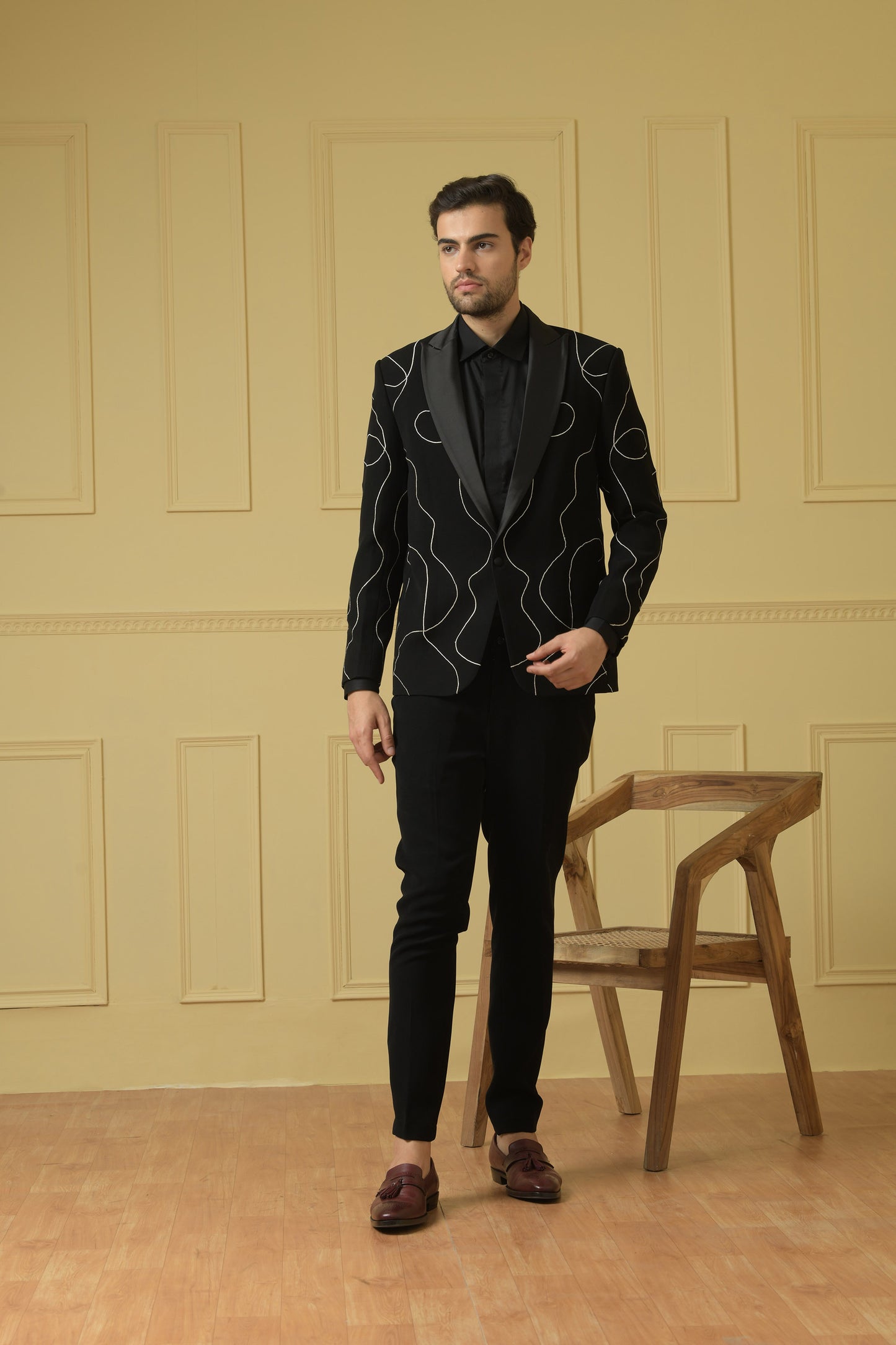 Tweed Black Italian Ethnic Intricate Embroidered Wedding Blazer