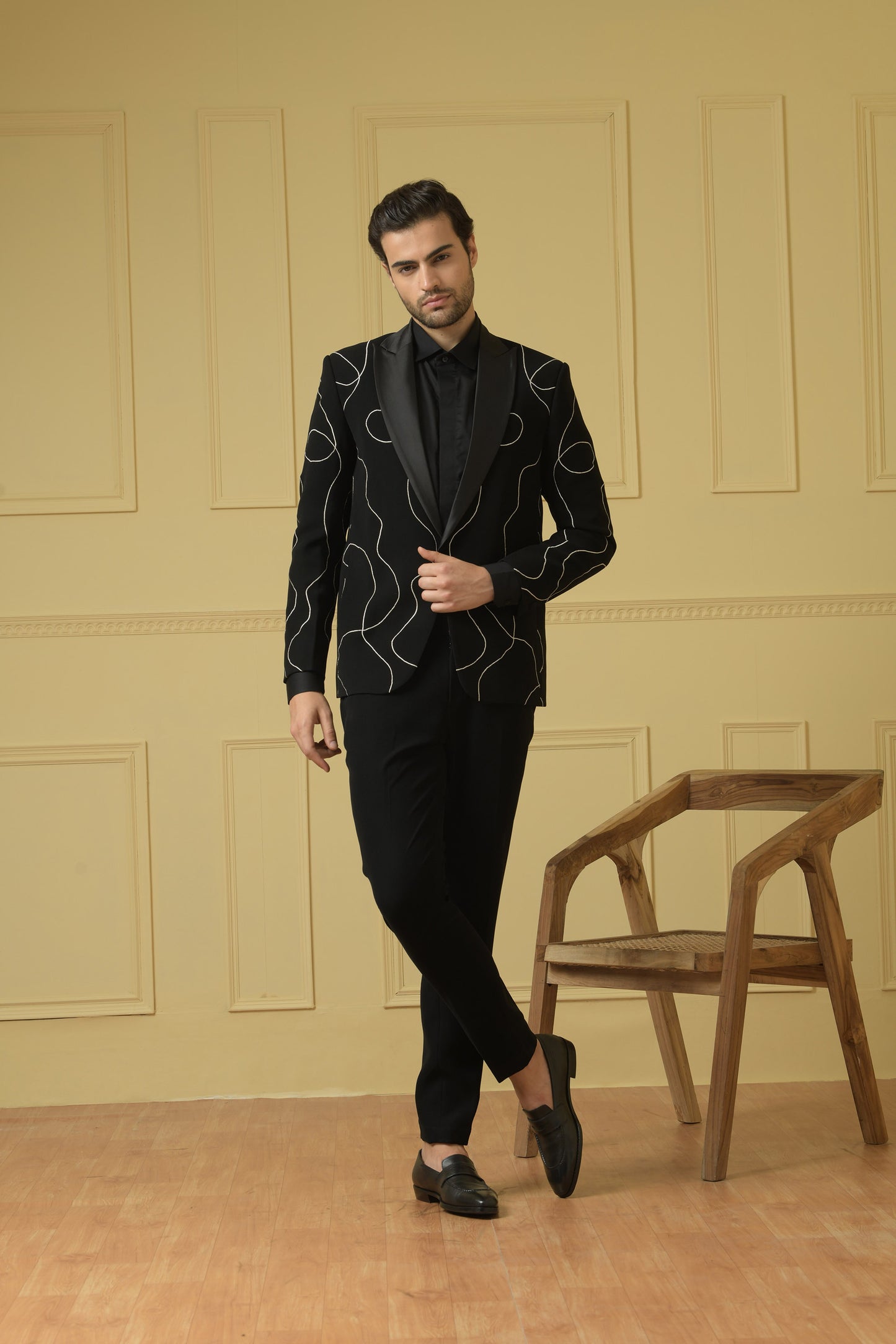 Tweed Black Italian Ethnic Intricate Embroidered Wedding Blazer