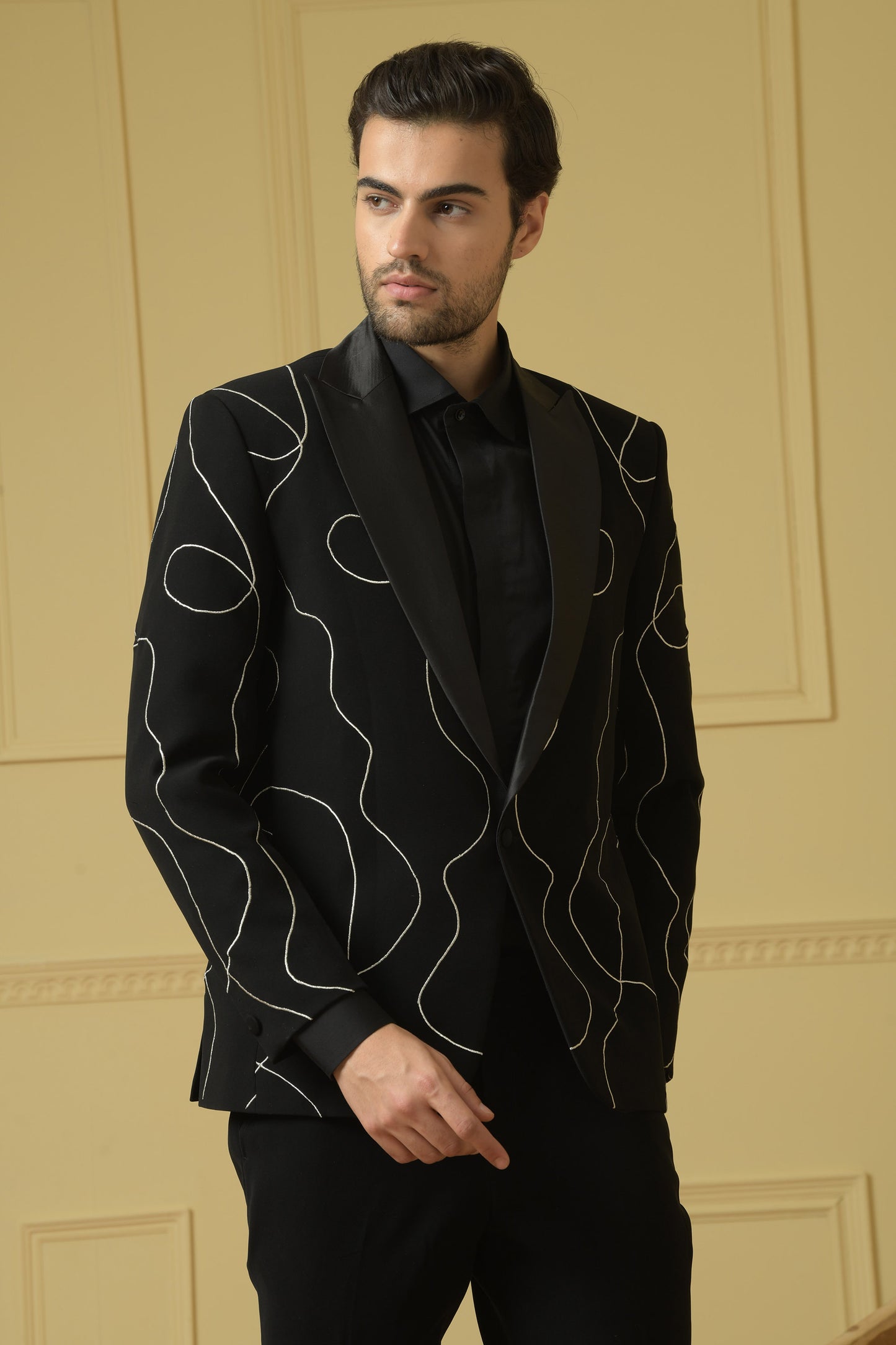 Tweed Black Italian Ethnic Intricate Embroidered Wedding Blazer