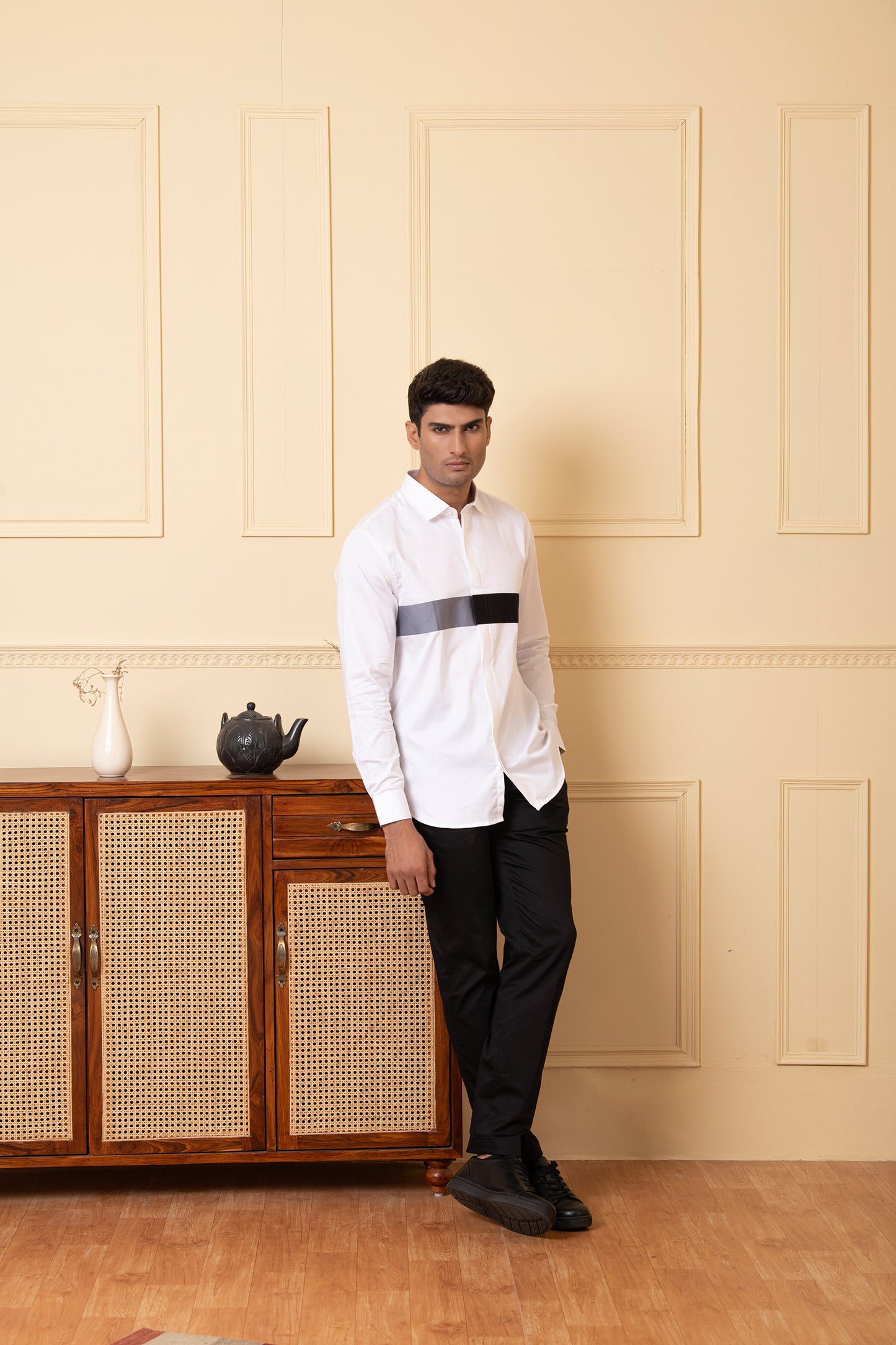 White Giza Cotton White shirt with Grey and black horizontal strip