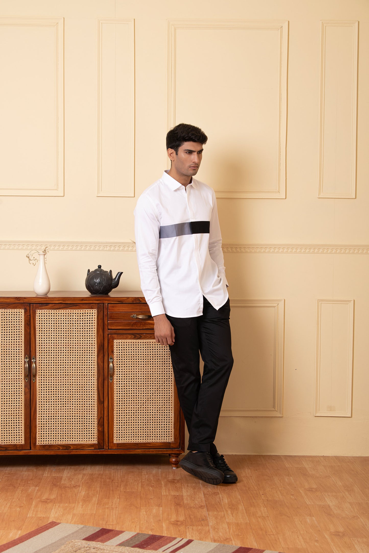 White Giza Cotton White shirt with Grey and black horizontal strip