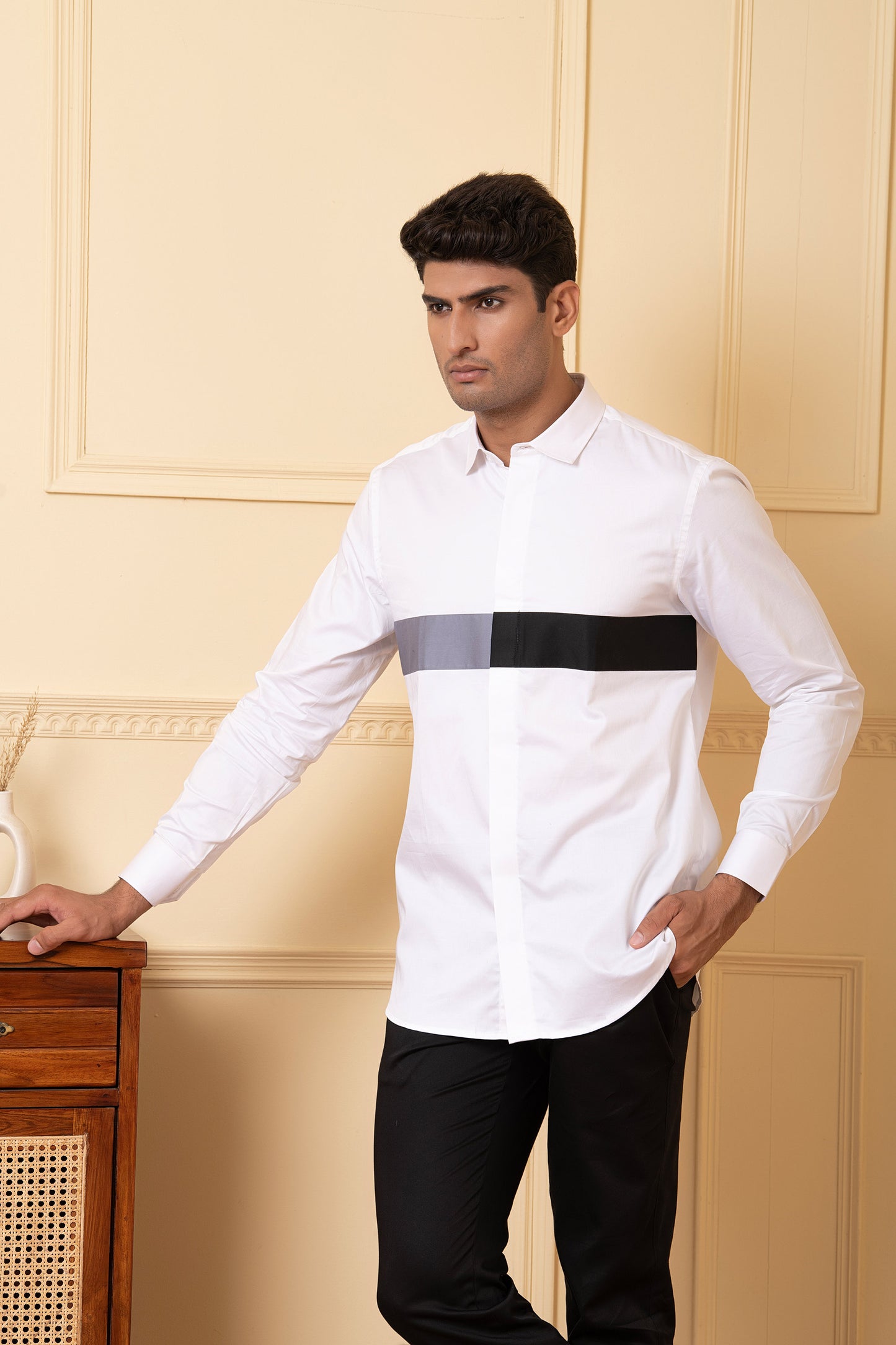 White Giza Cotton White shirt with Grey and black horizontal strip