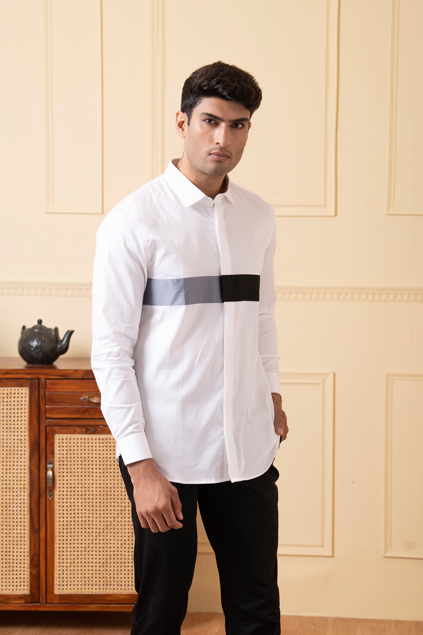 White Giza Cotton White shirt with Grey and black horizontal strip