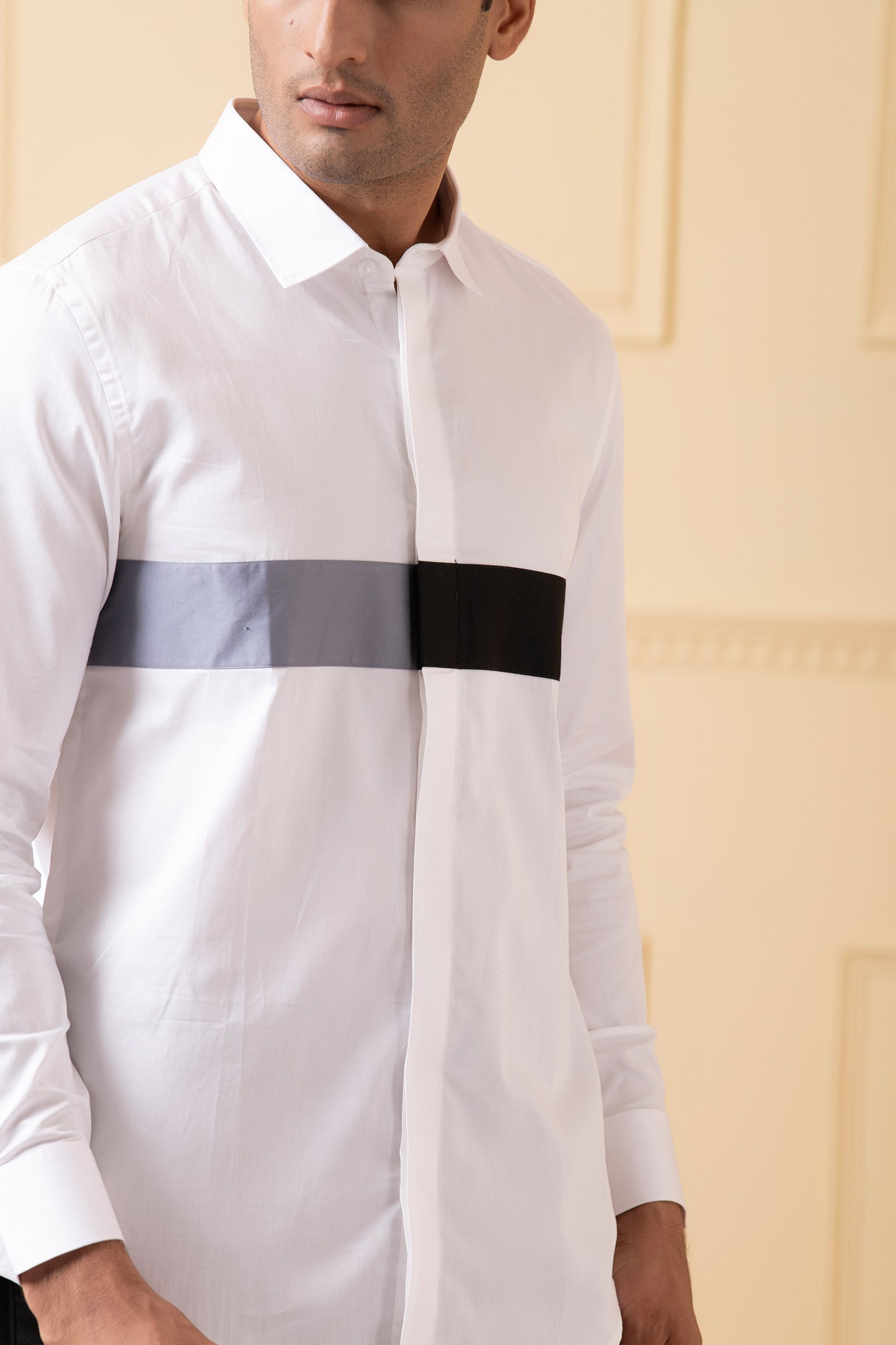 White Giza Cotton White shirt with Grey and black horizontal strip