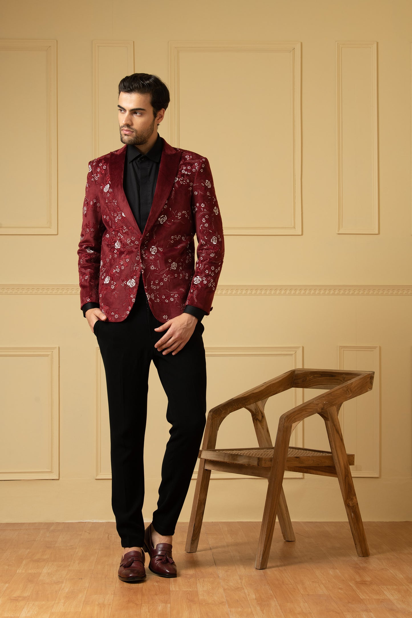 Maravilla Maroon Velvet Hand Embroidered Festive Blazer