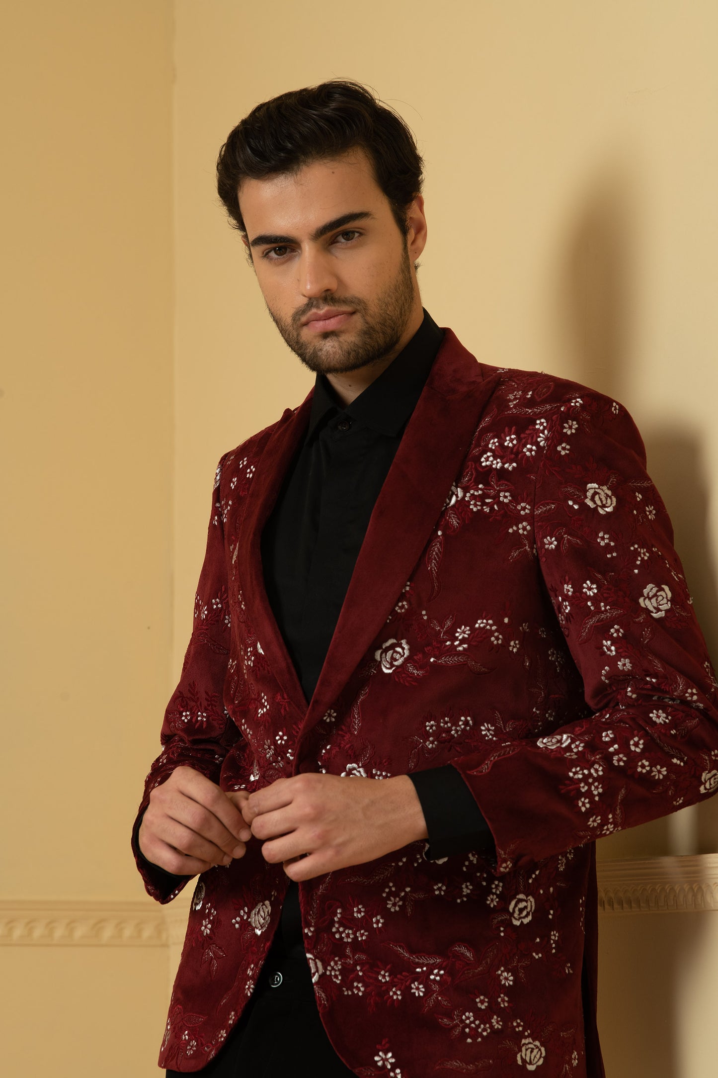 Maravilla Maroon Velvet Hand Embroidered Festive Blazer