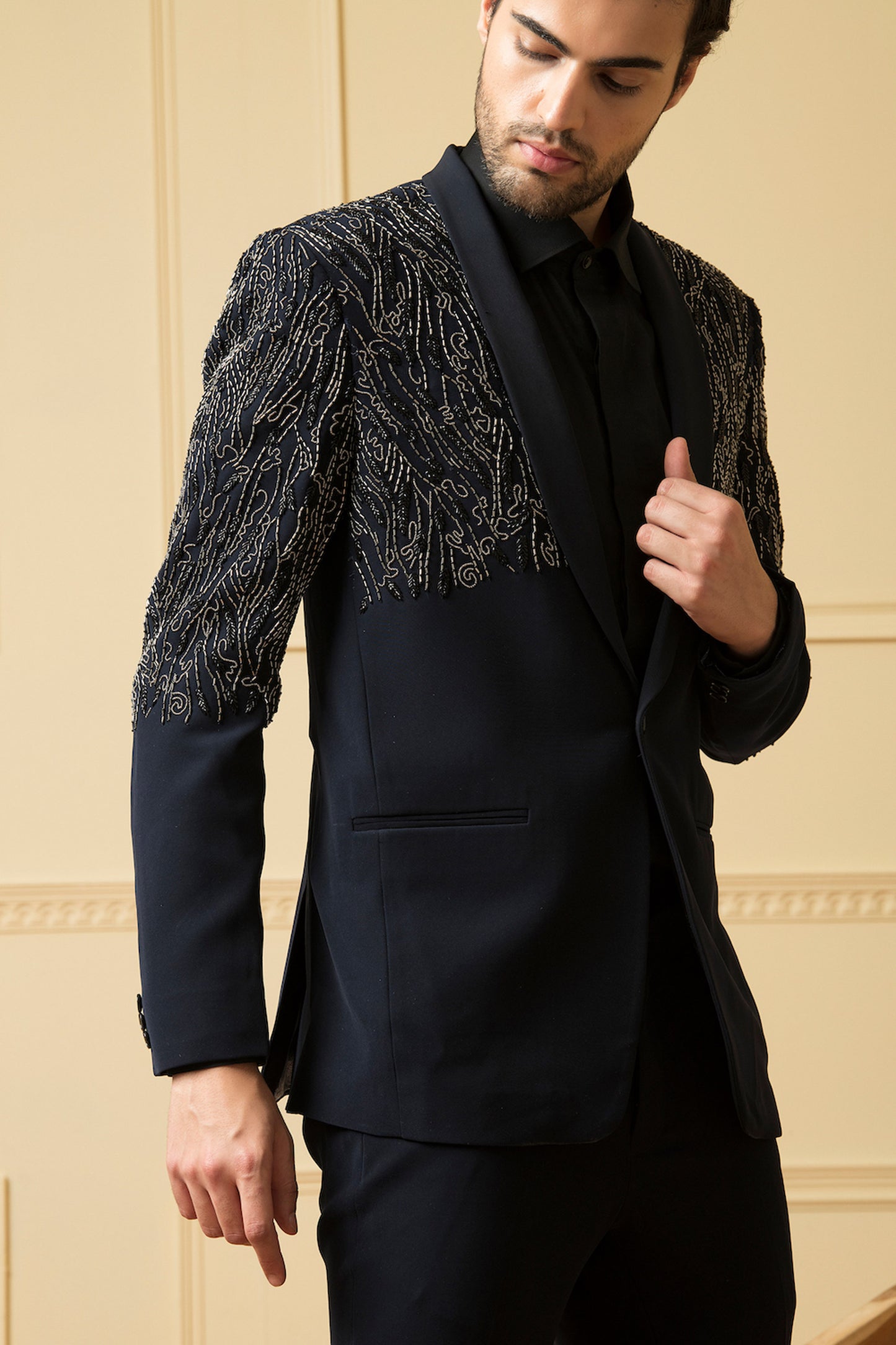 Brillante Black  Matte Finish Hand Embroidered Wedding Blazer