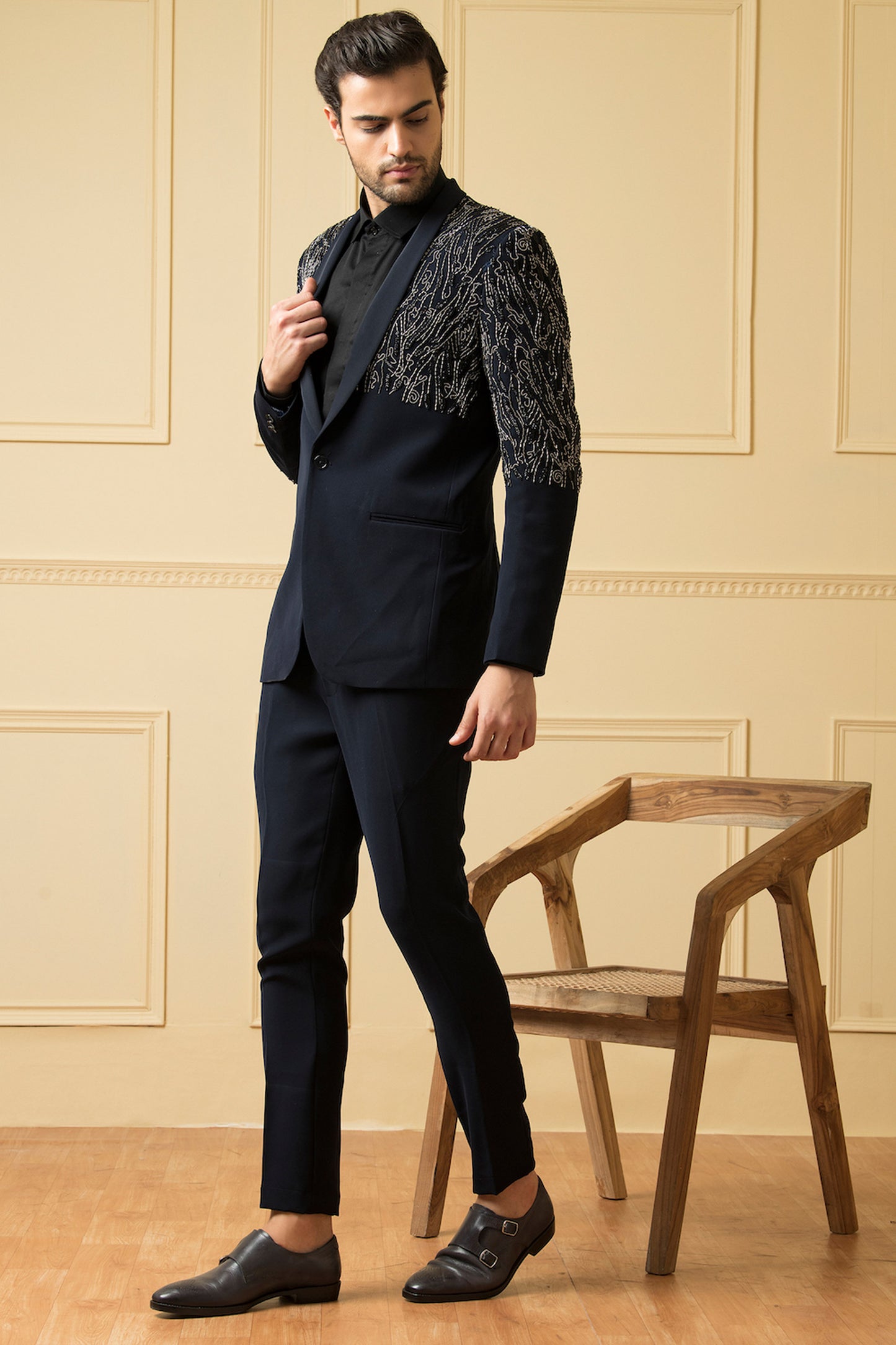 Brillante Black  Matte Finish Hand Embroidered Wedding Blazer