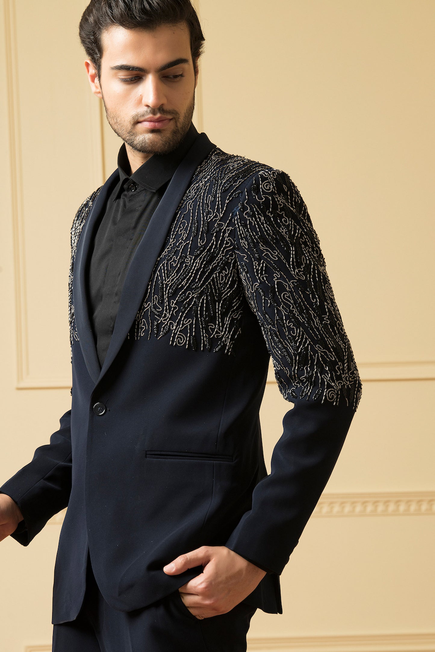 Brillante Black  Matte Finish Hand Embroidered Wedding Blazer
