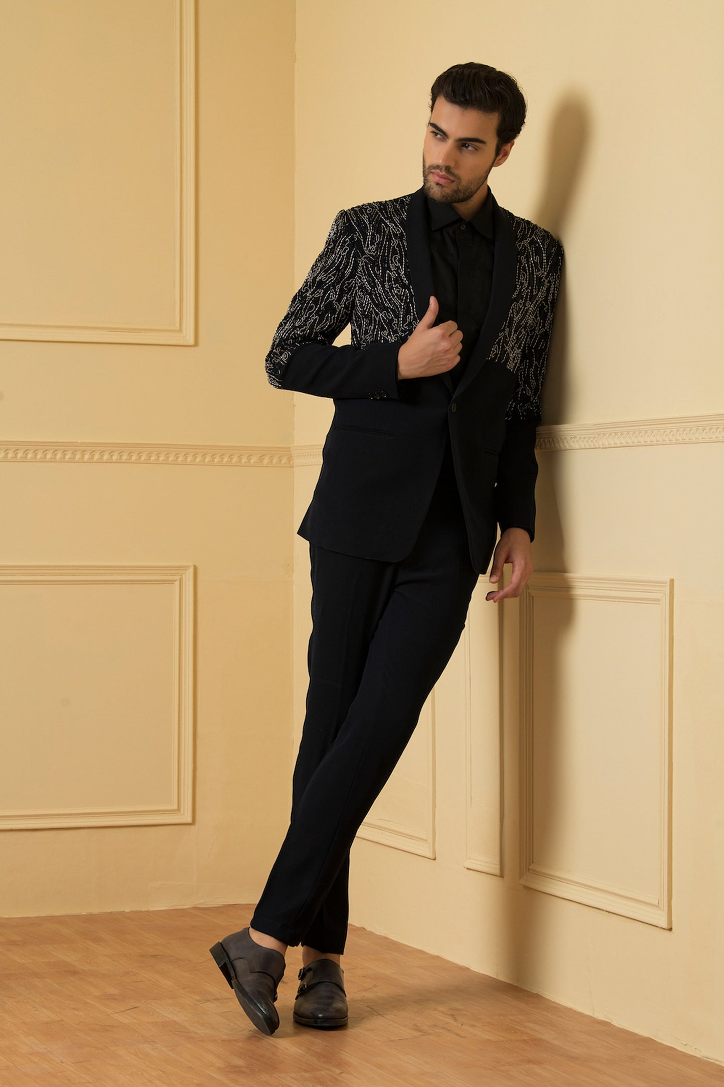 Brillante Black  Matte Finish Hand Embroidered Wedding Blazer