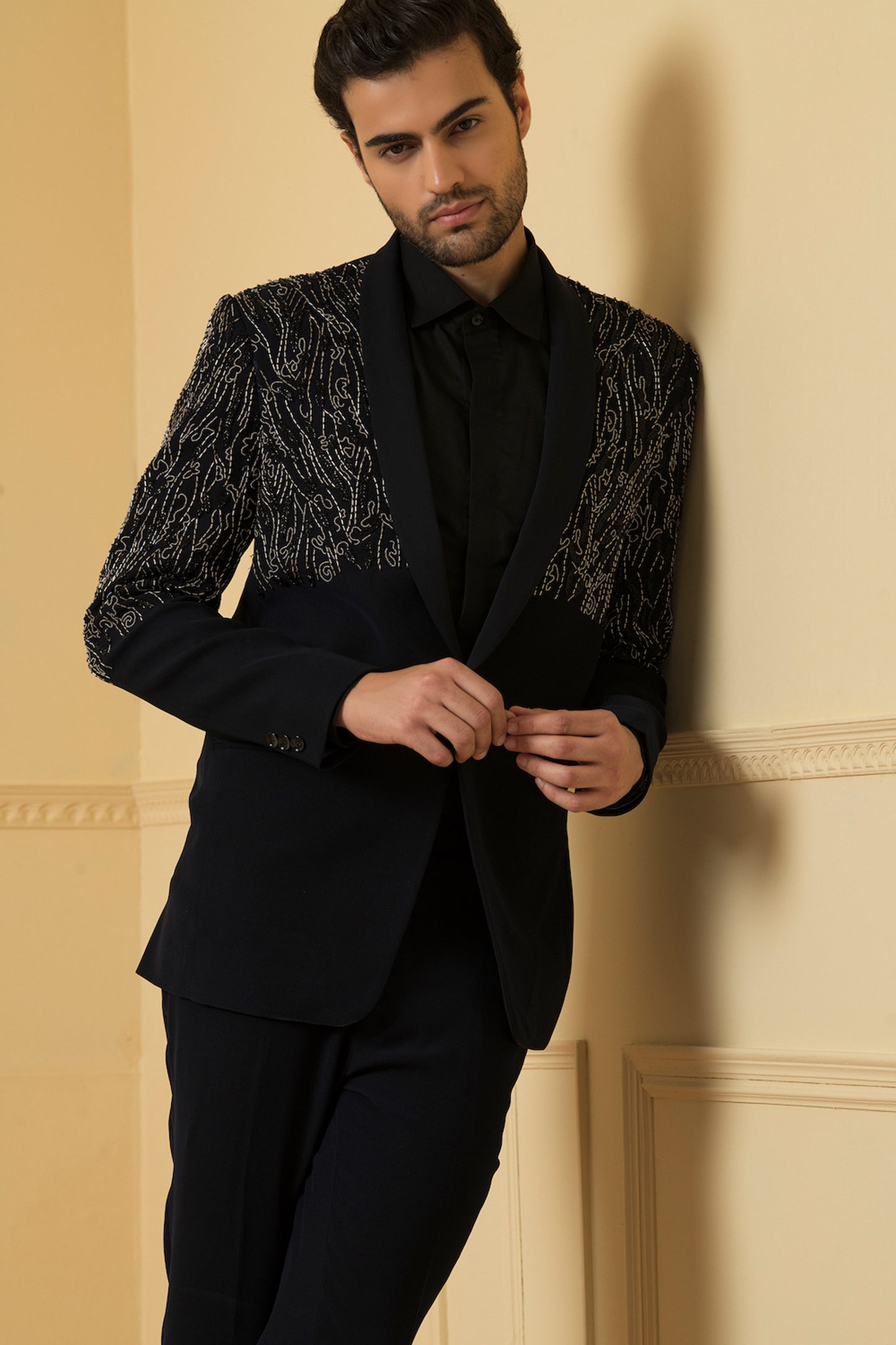 Brillante Black  Matte Finish Hand Embroidered Wedding Blazer