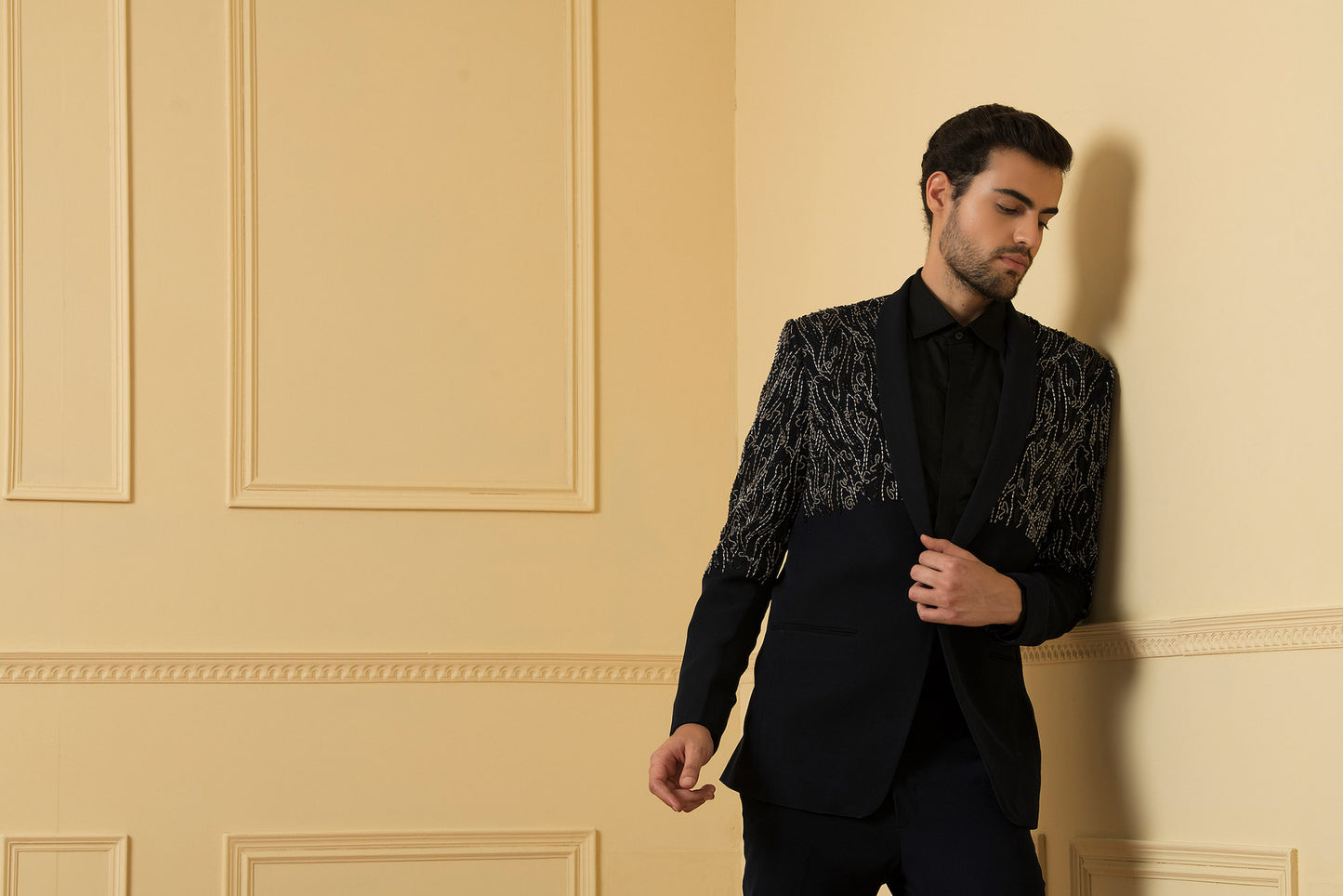 Brillante Black  Matte Finish Hand Embroidered Wedding Blazer