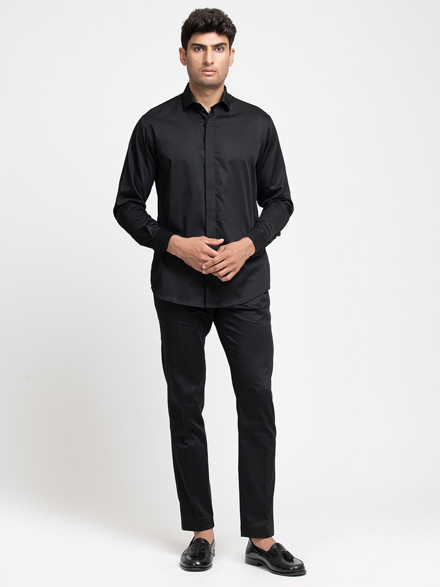 Black Cotton satin perto solid Black Shirt