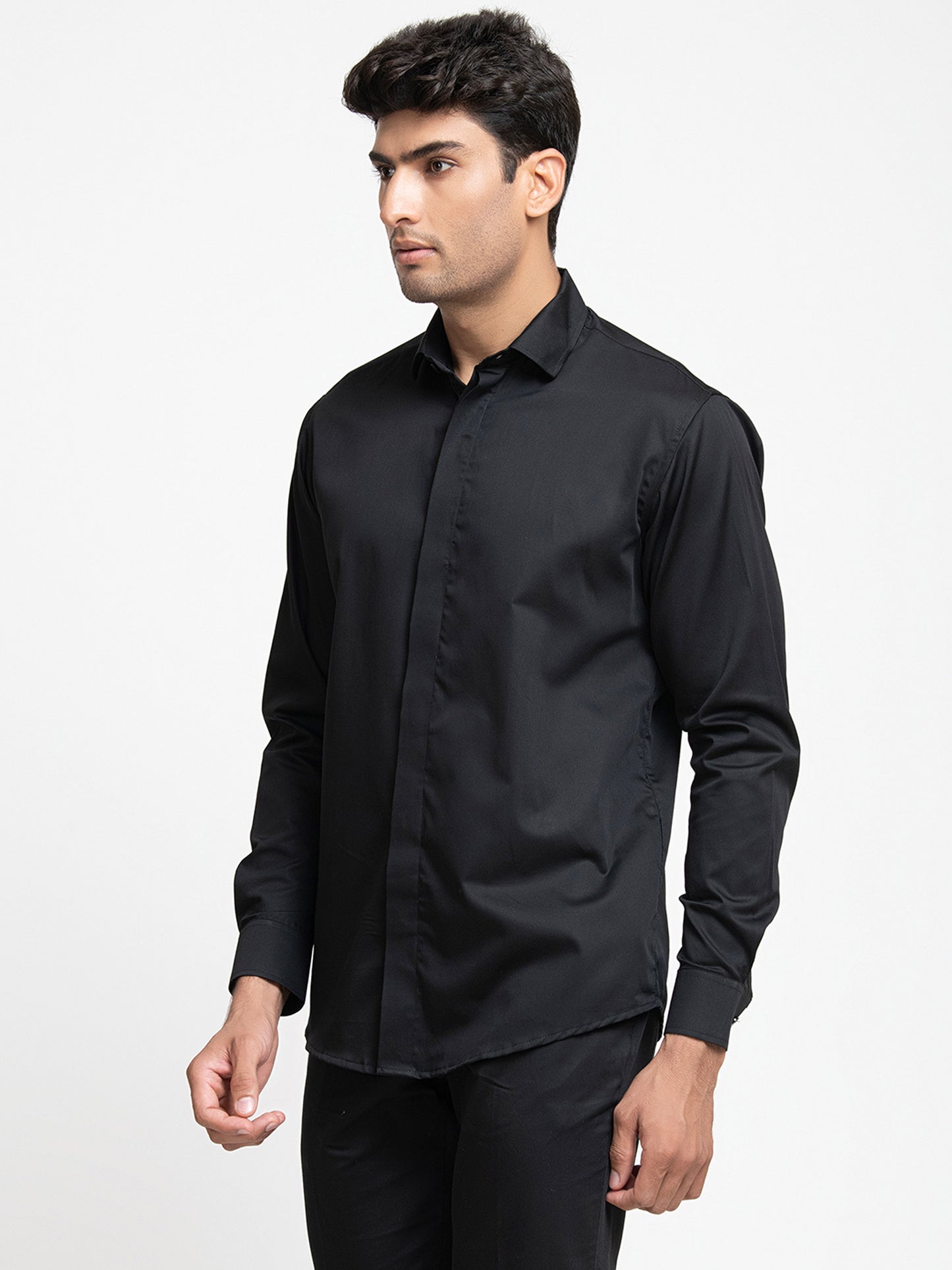 Black Cotton satin perto solid Black Shirt