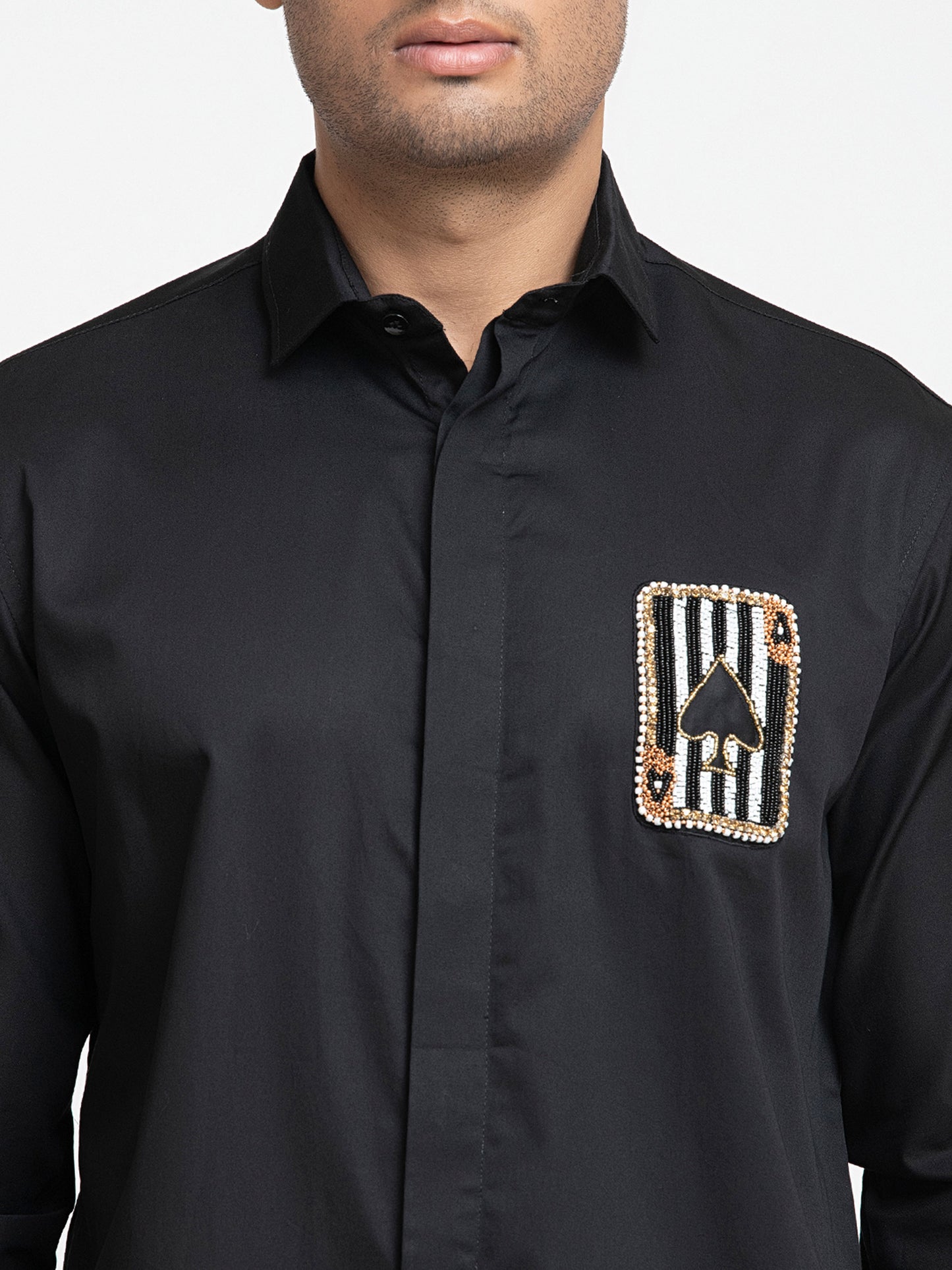 Black Giza Cotton Card shaped embroidery shirt