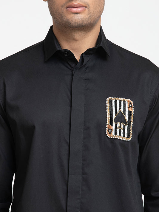 Black Giza Cotton Card shaped embroidery shirt