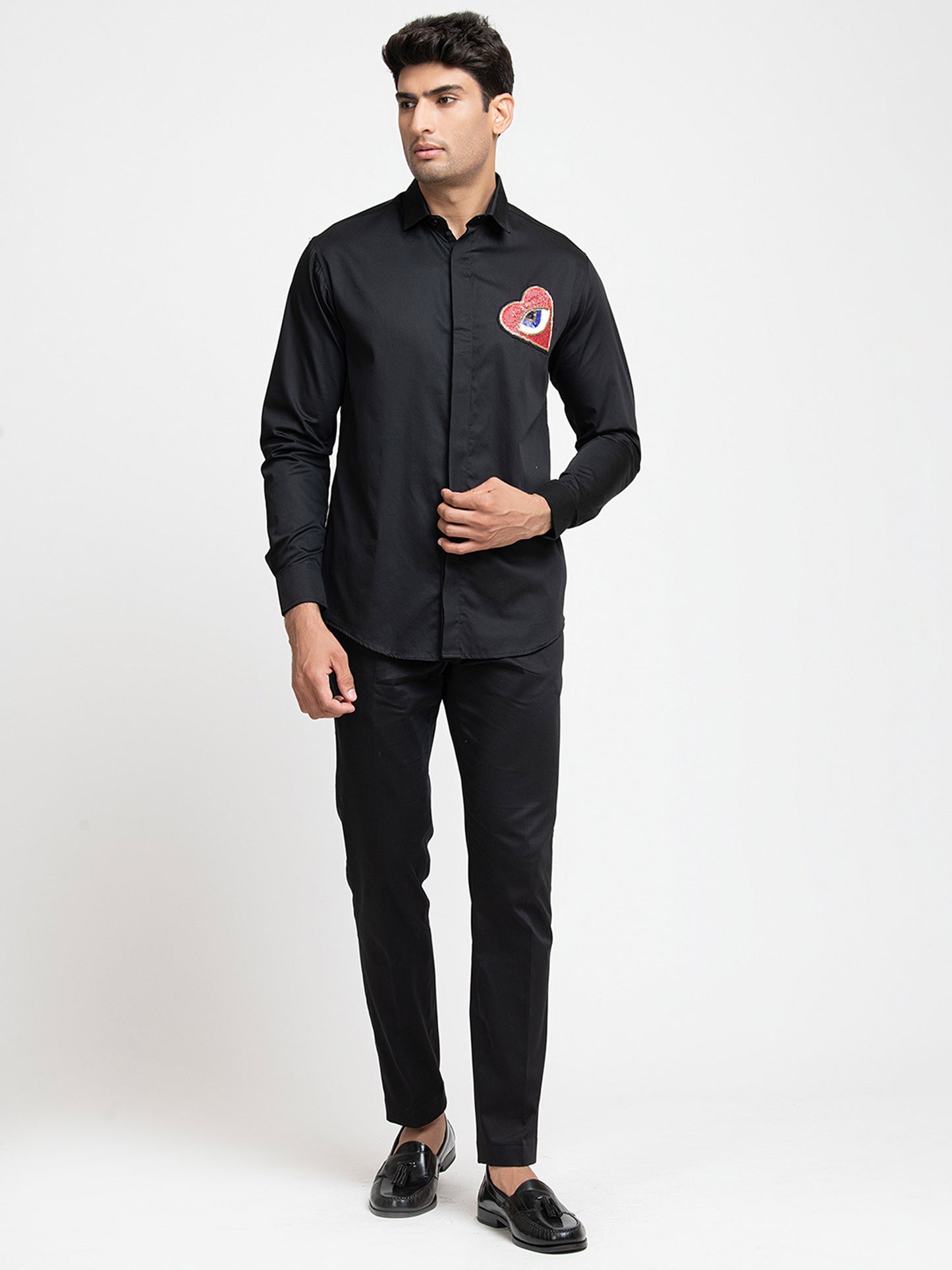 Black Giza Cotton Red heart embroidery shirt