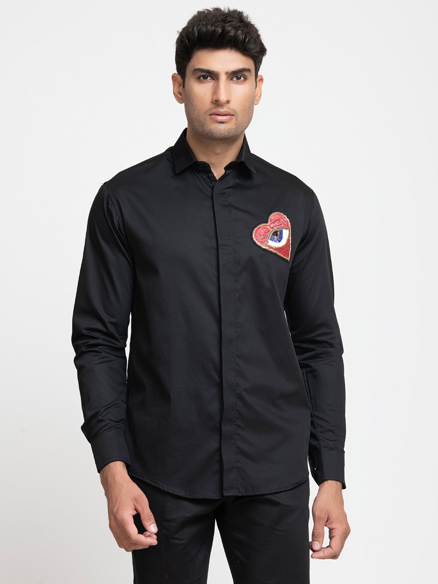 Black Giza Cotton Red heart embroidery shirt