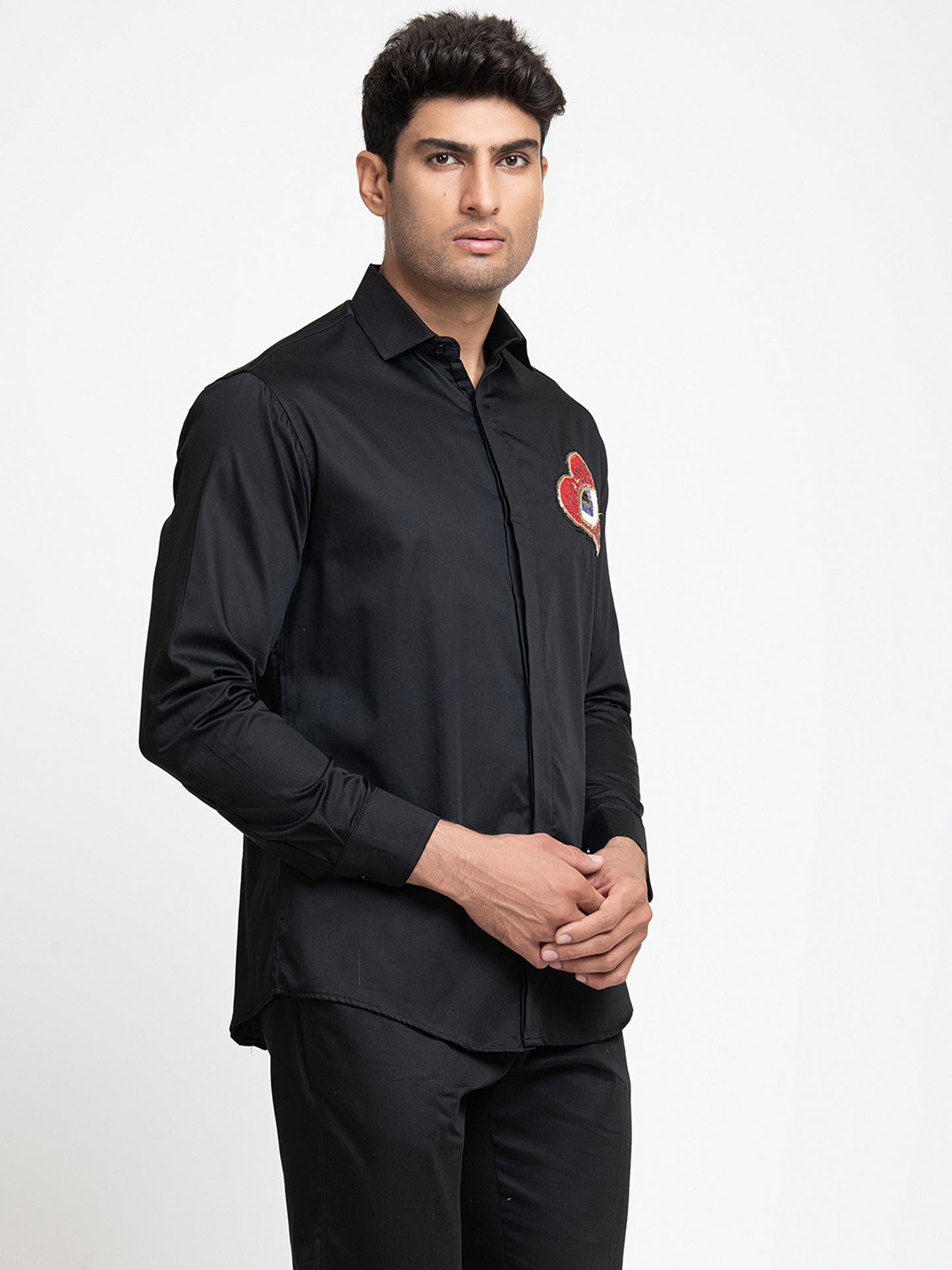 Black Giza Cotton Red heart embroidery shirt