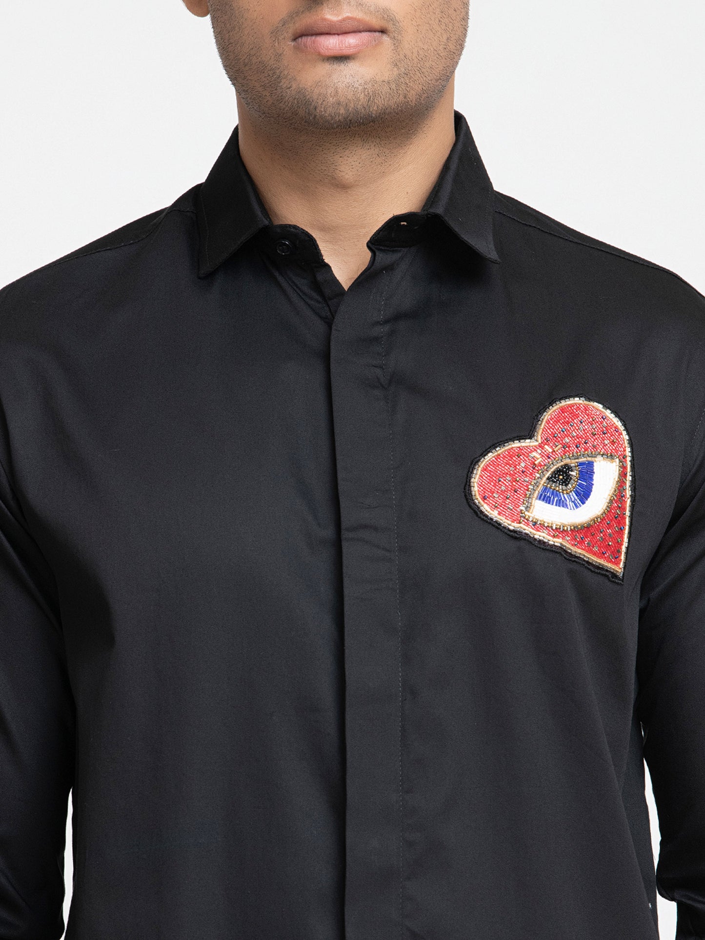 Black Giza Cotton Red heart embroidery shirt