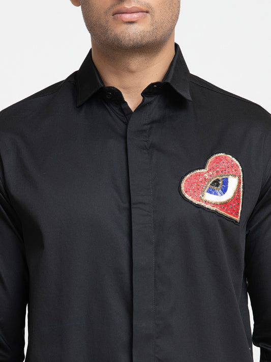 Black Giza Cotton Red heart embroidery shirt