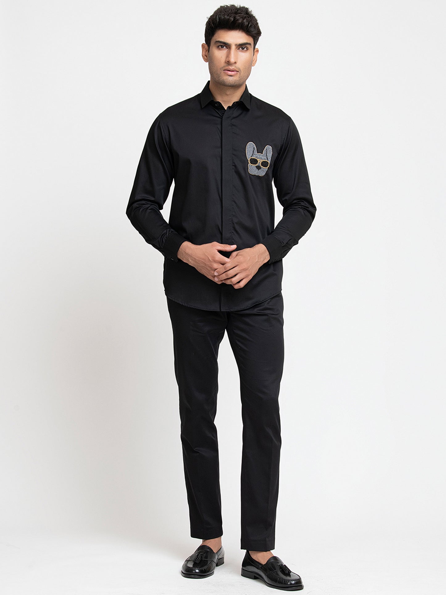 Black Giza Cotton Dog embroidery shirt