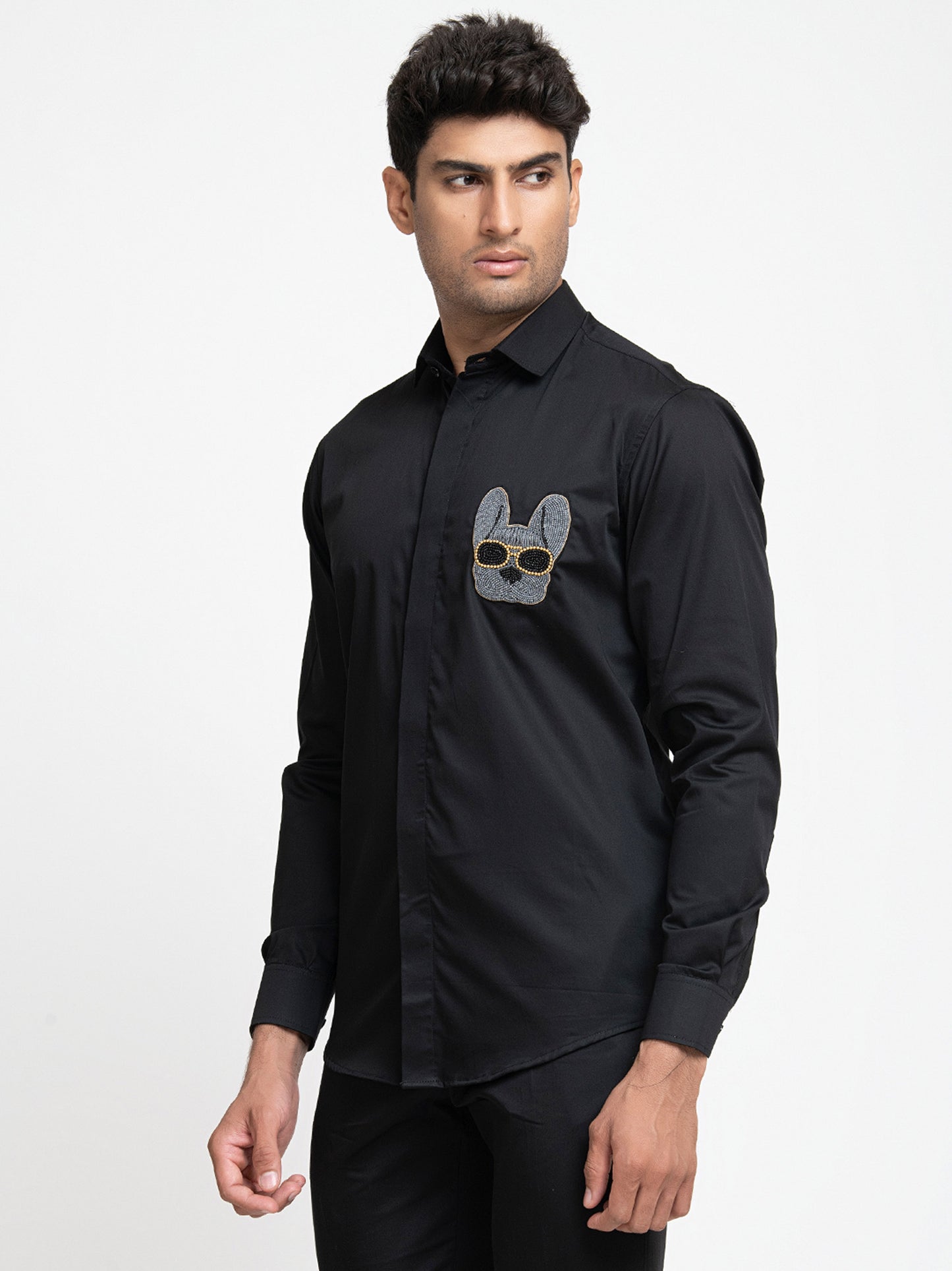 Black Giza Cotton Dog embroidery shirt