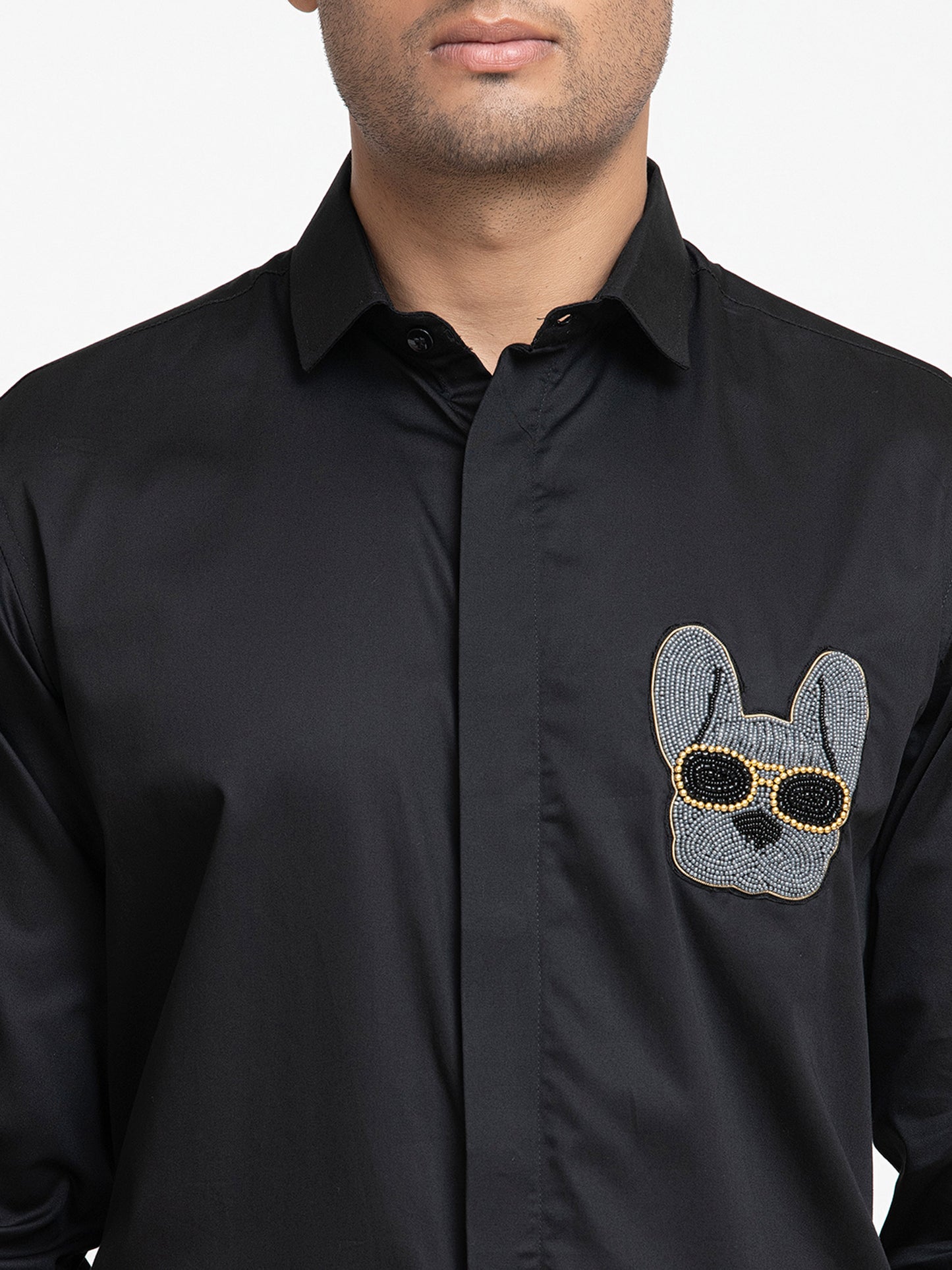 Black Giza Cotton Dog embroidery shirt