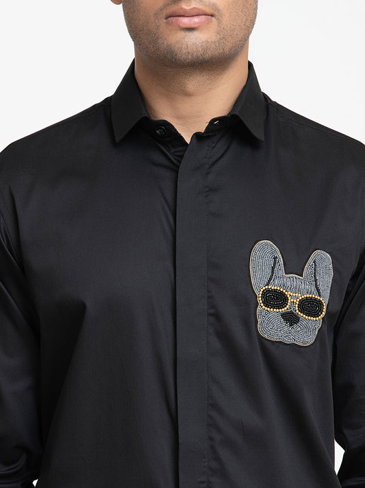 Black Giza Cotton Dog embroidery shirt