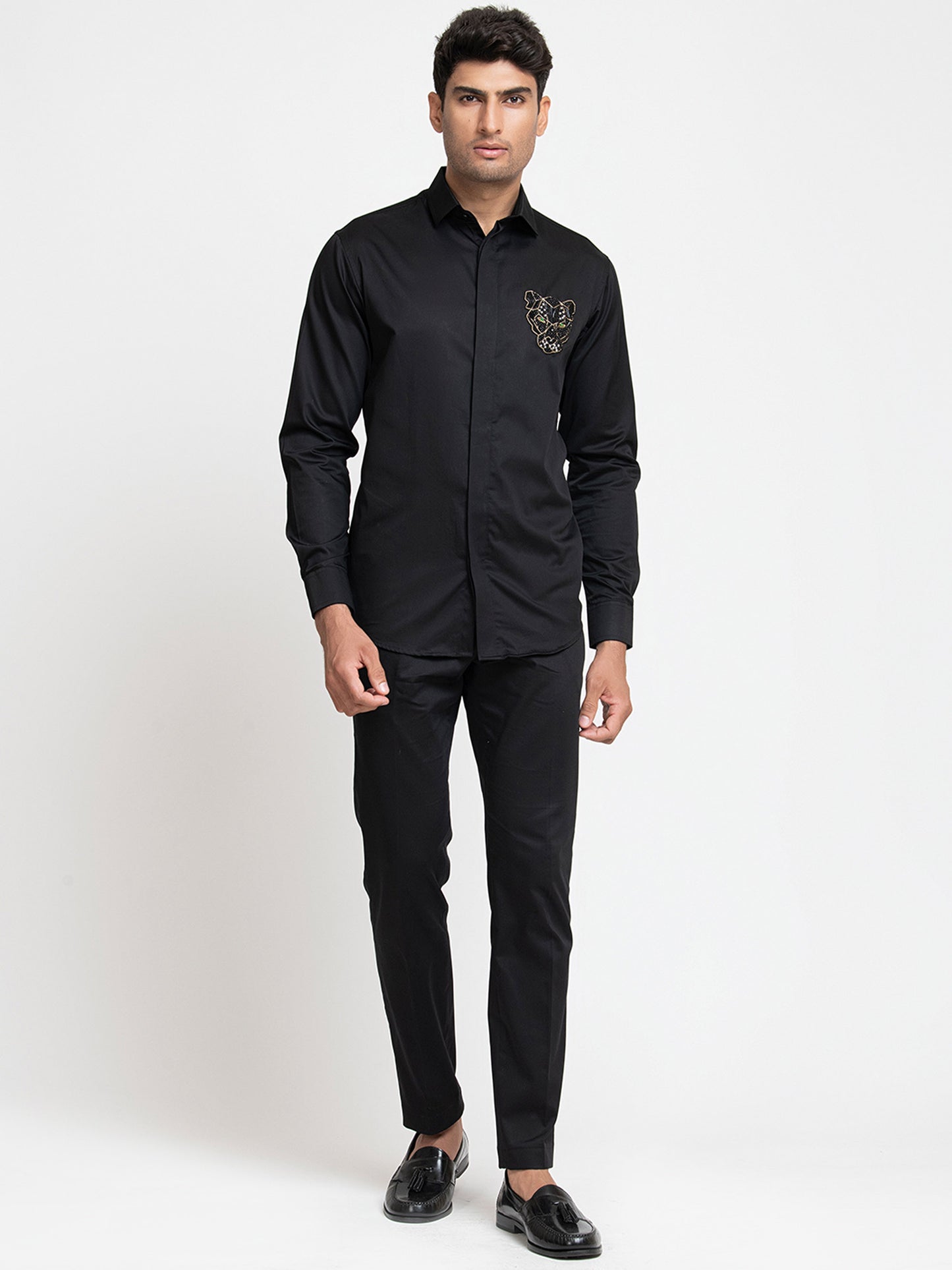 Black Giza Cotton Panther embroidery shirt
