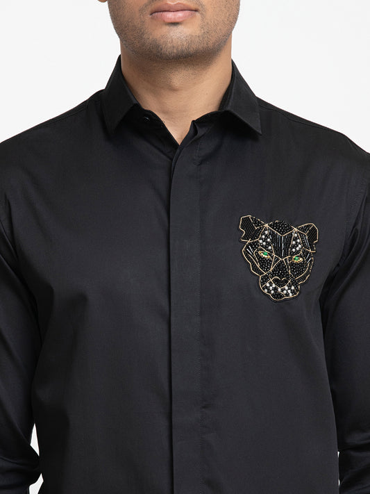 Black Giza Cotton Panther embroidery shirt