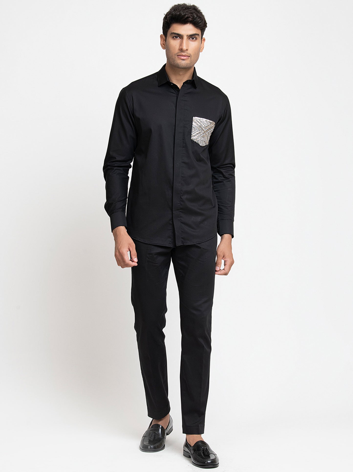Black Giza Cotton Pocket embroidery shirt
