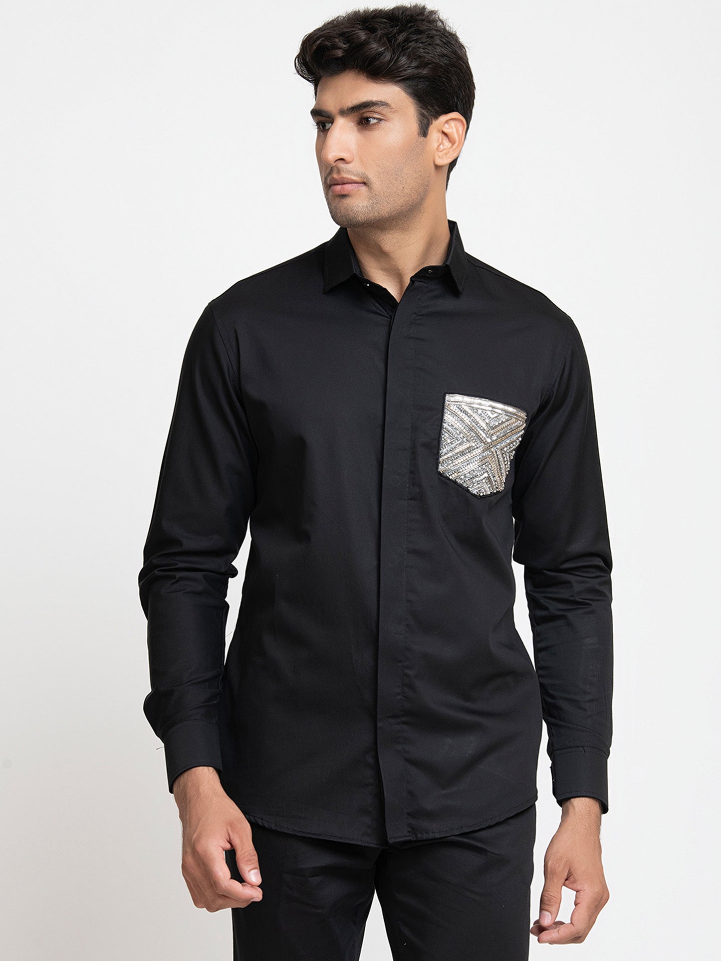 Black Giza Cotton Pocket embroidery shirt