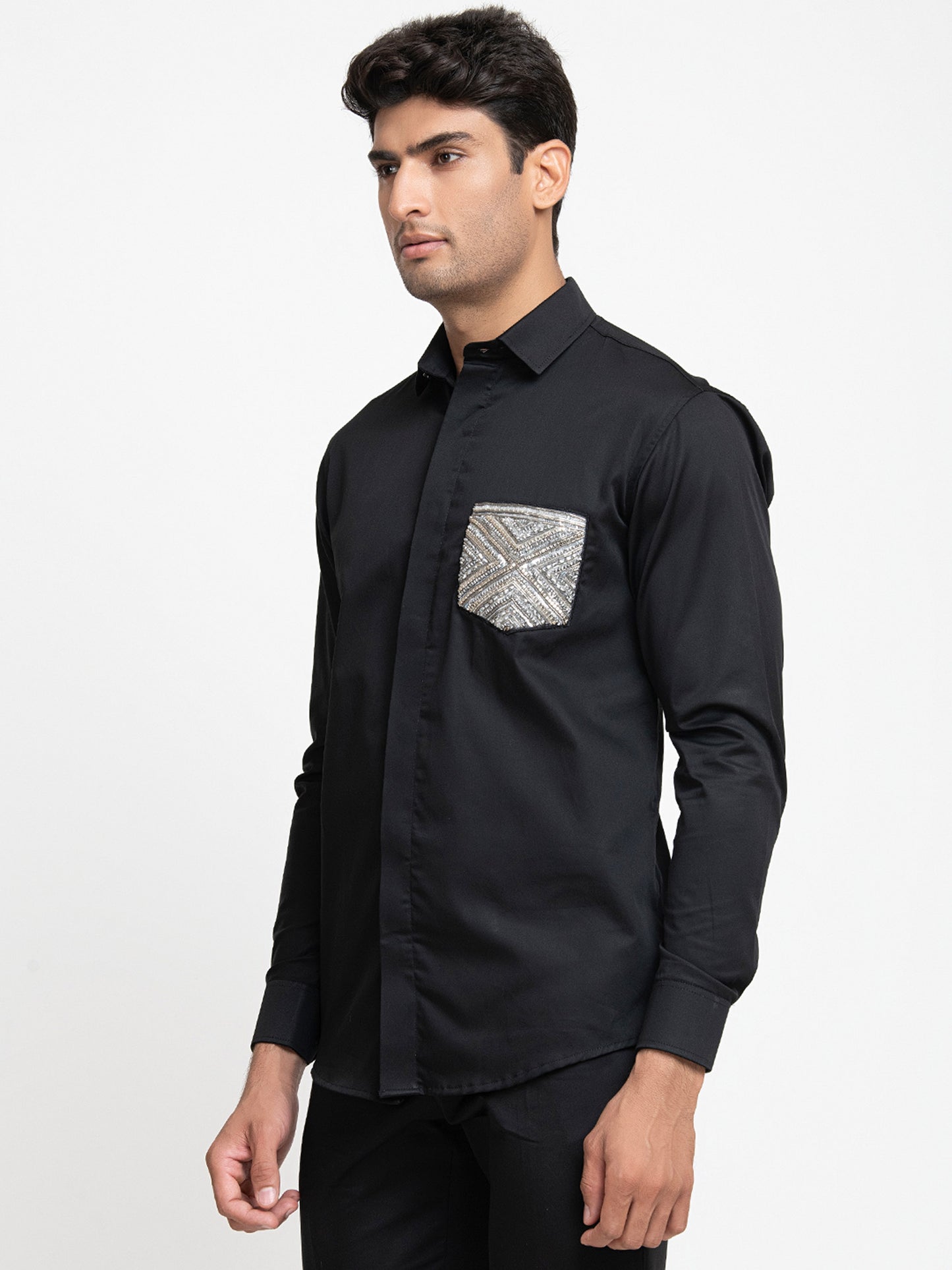 Black Giza Cotton Pocket embroidery shirt