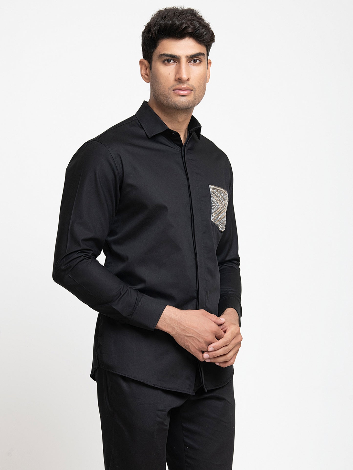 Black Giza Cotton Pocket embroidery shirt
