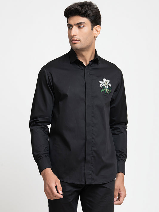 Black Giza Cotton Flower embroidery shirt