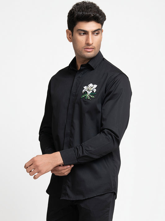 Black Giza Cotton Flower embroidery shirt