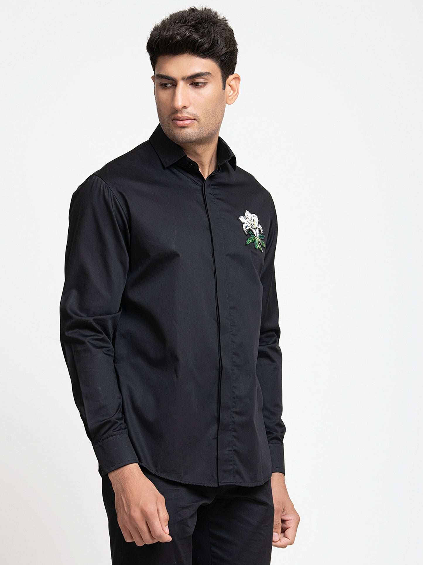 Black Giza Cotton Flower embroidery shirt