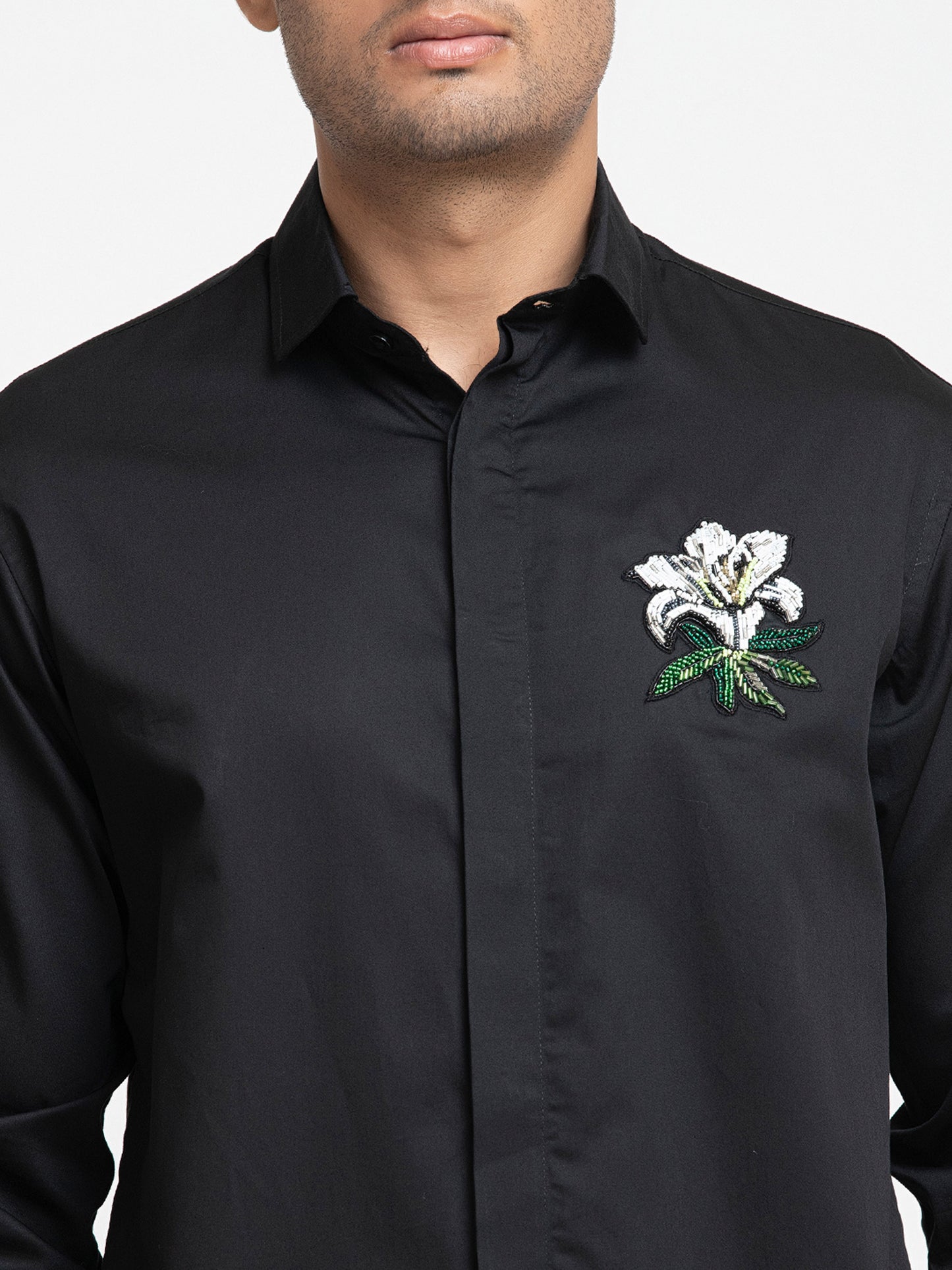 Black Giza Cotton Flower embroidery shirt