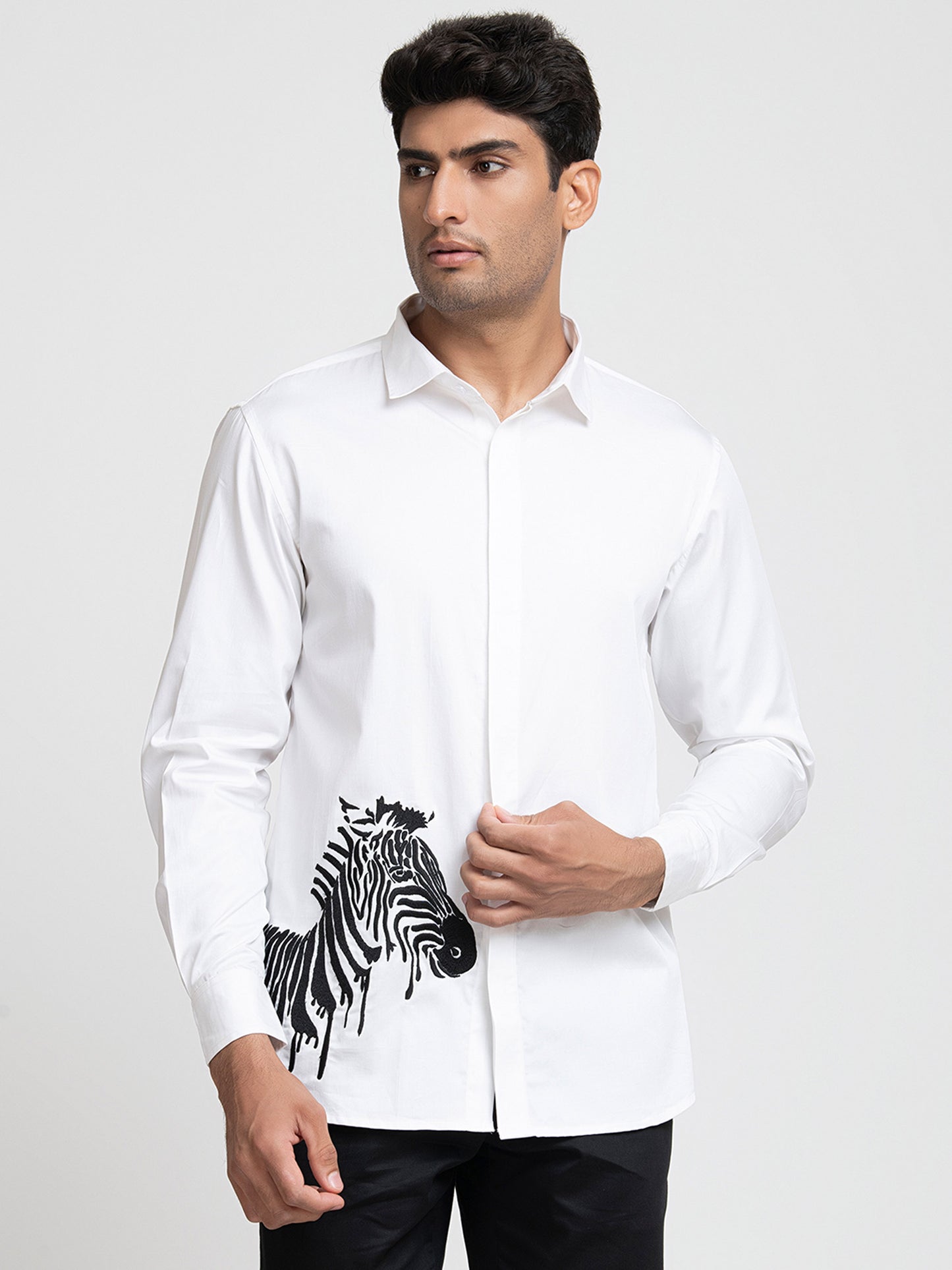White Cotton satin Stan Zebra Embroidered Party Wear Shirt
