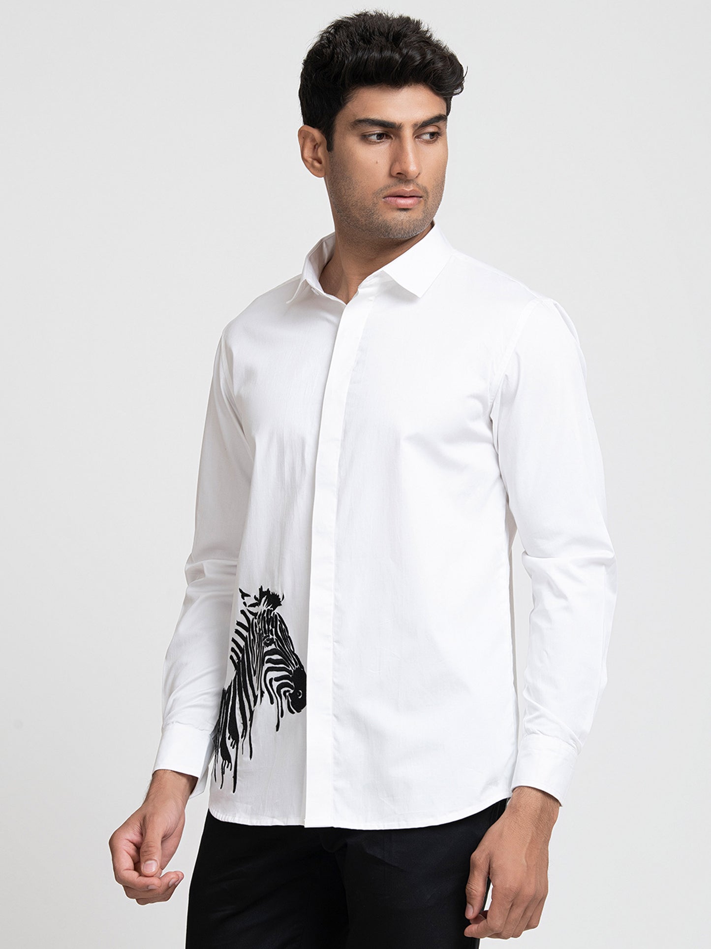 White Cotton satin Stan Zebra Embroidered Party Wear Shirt