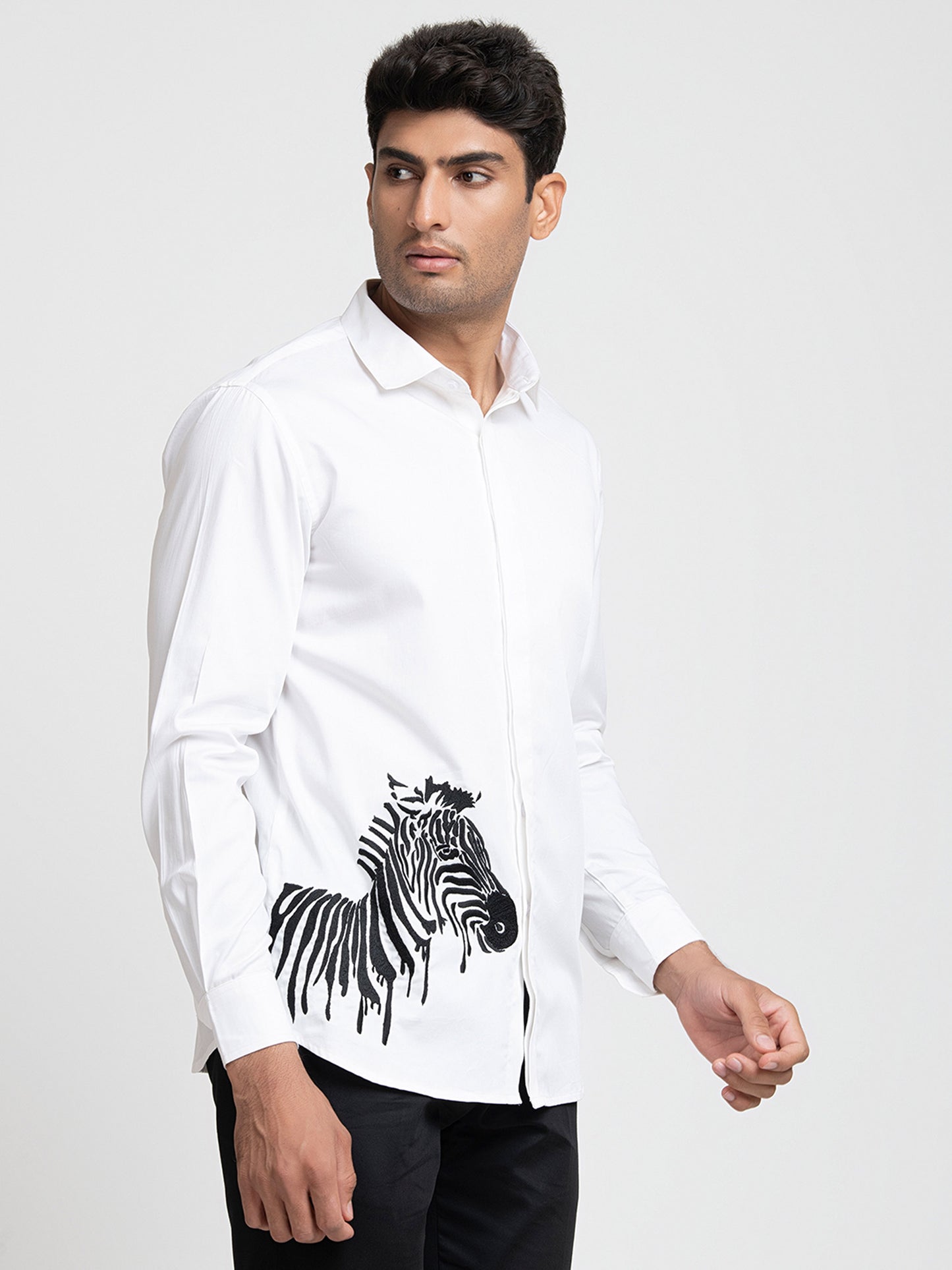 White Cotton satin Stan Zebra Embroidered Party Wear Shirt