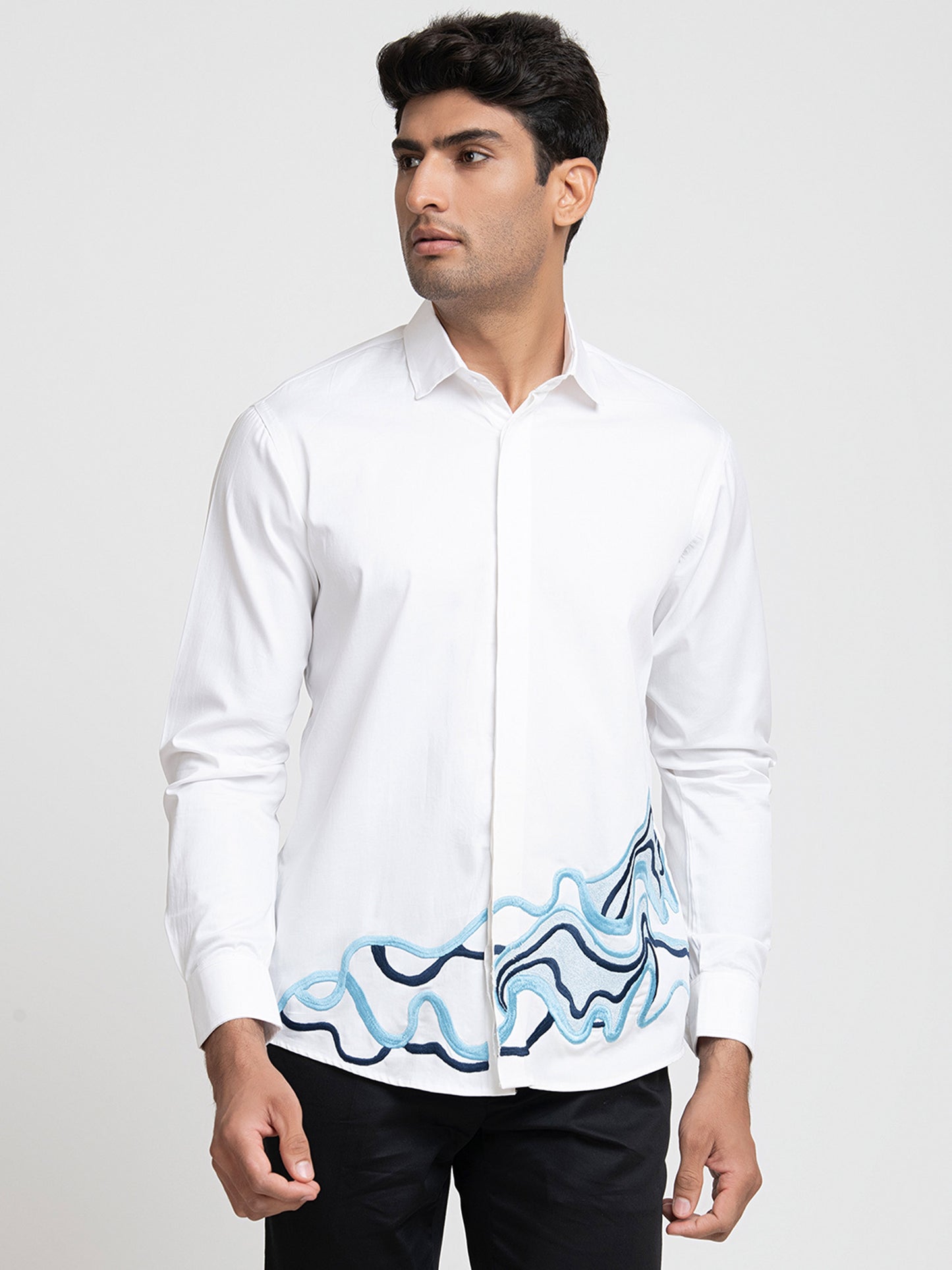 White Giza Cotton Cloud lines thread embroidery shirt