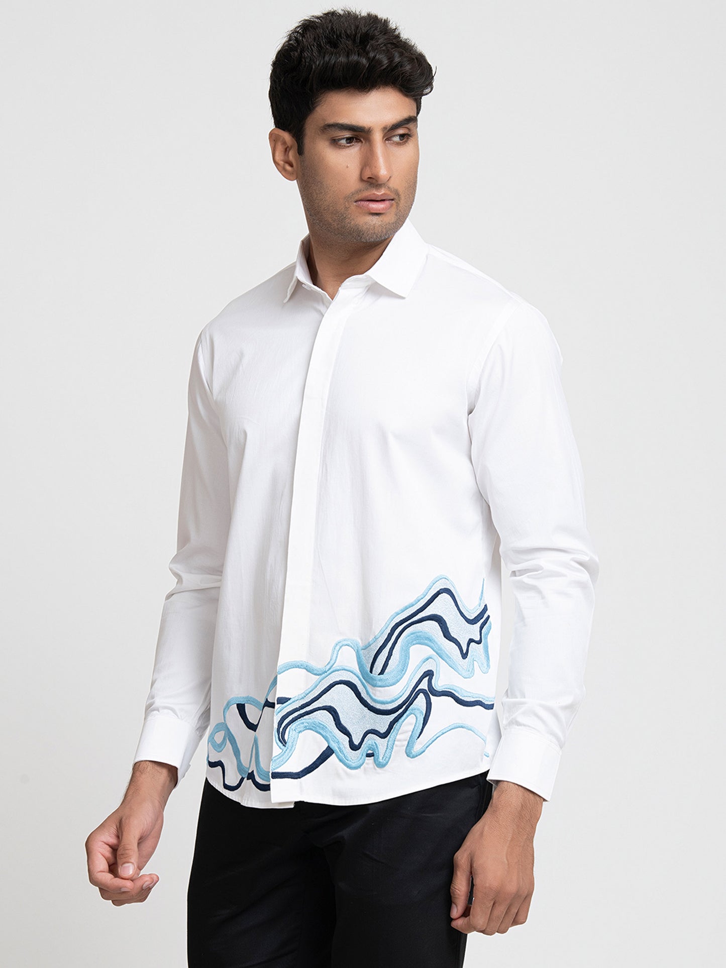 White Giza Cotton Cloud lines thread embroidery shirt