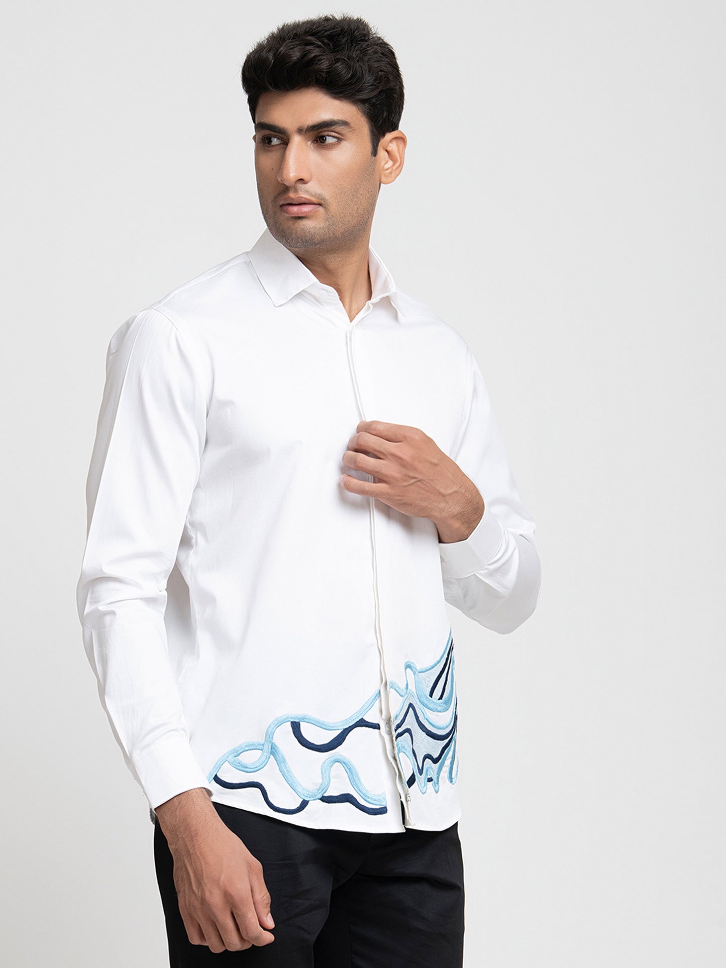 White Giza Cotton Cloud lines thread embroidery shirt