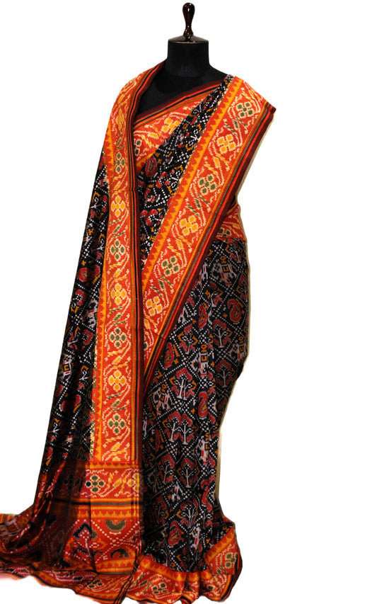 Ikkat Printed Blended Silk Saree in Black, Burnt Orange and Multicolored