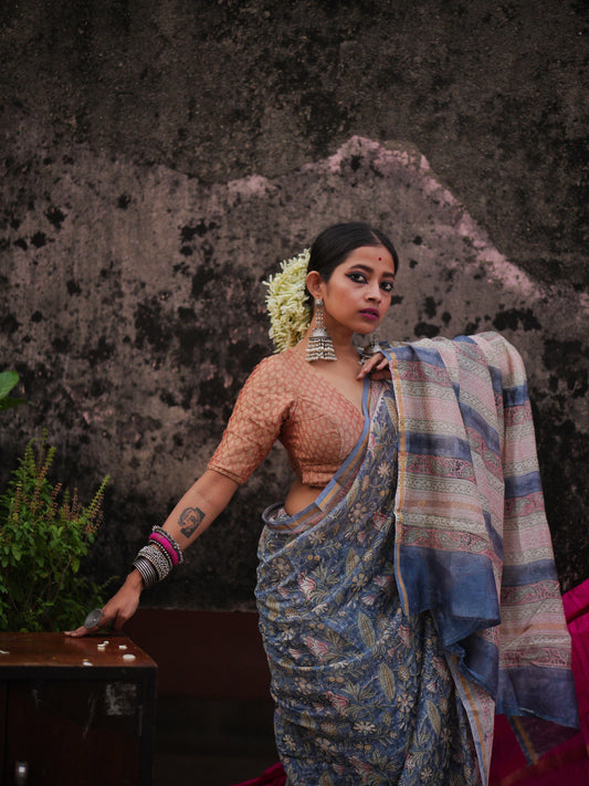 Rohini - Blue Bagru Natural Dyes Handblock Printed - Chanderi Silk Saree