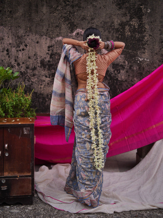 Rohini - Blue Bagru Natural Dyes Handblock Printed - Chanderi Silk Saree