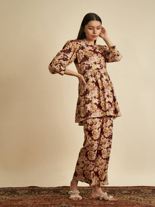 Maroon Digital Print with foil work rayon co-ords set